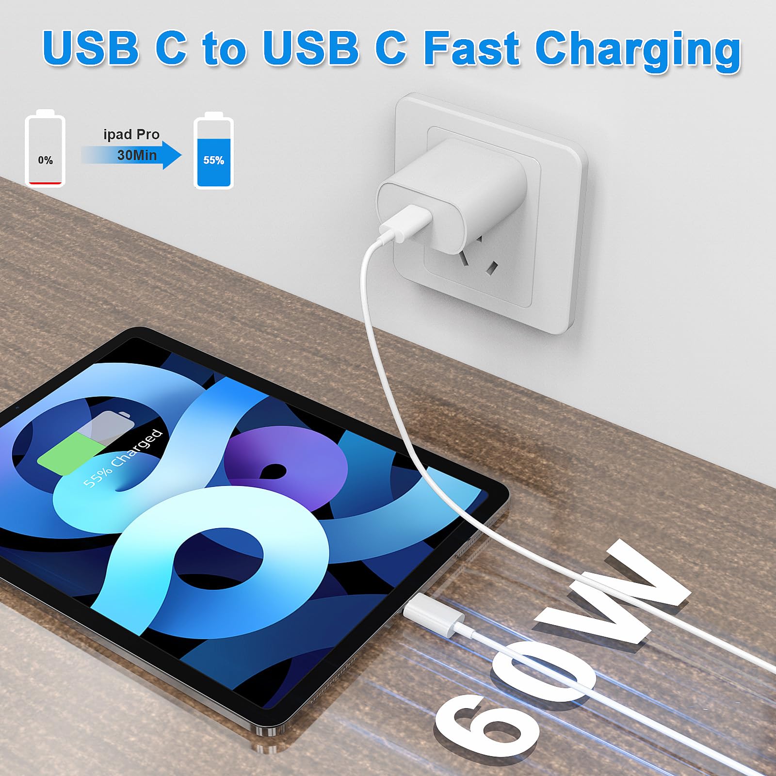 Cable USB C a USB C de 60 W, paquete de 4 [1 pie+3 pies + 6 pies + 10 pies] Cable de carga rápida USB C tipo C para iPhone 15 Pro Max/15 Pro/15 Plus/15, iPad Pro 2022, Mac Book Air, Samsung Galaxy S23