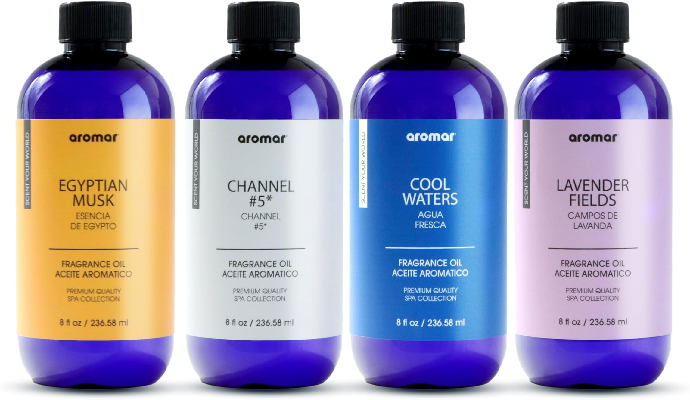 AROMAR Premium Fragrance Oil, Long-Lasting, Refreshing Uplifting Aroma for Aromatherapy, Relaxation & Household Uses. Assorted Scents 8oz (Egyptian Musk, Channel #5, Cool Waters, Lavender Fields)