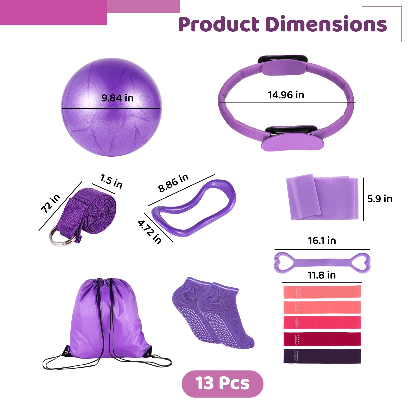 Pilates-Ring-Set für Damen, mit Pilates-Ball, Widerstandsbändern, Yoga-Gurt, Pilates, Essentials, Violett, 13-teilig
