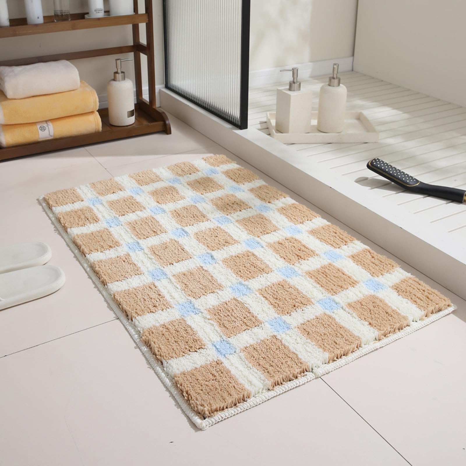 Alfombra de baño de microfibra suave de 40 x 60 cm, antideslizante, con ausencia de agua, color marrón, azul y blanco, alfombra gruesa y lavable rápida para una mejor calidad