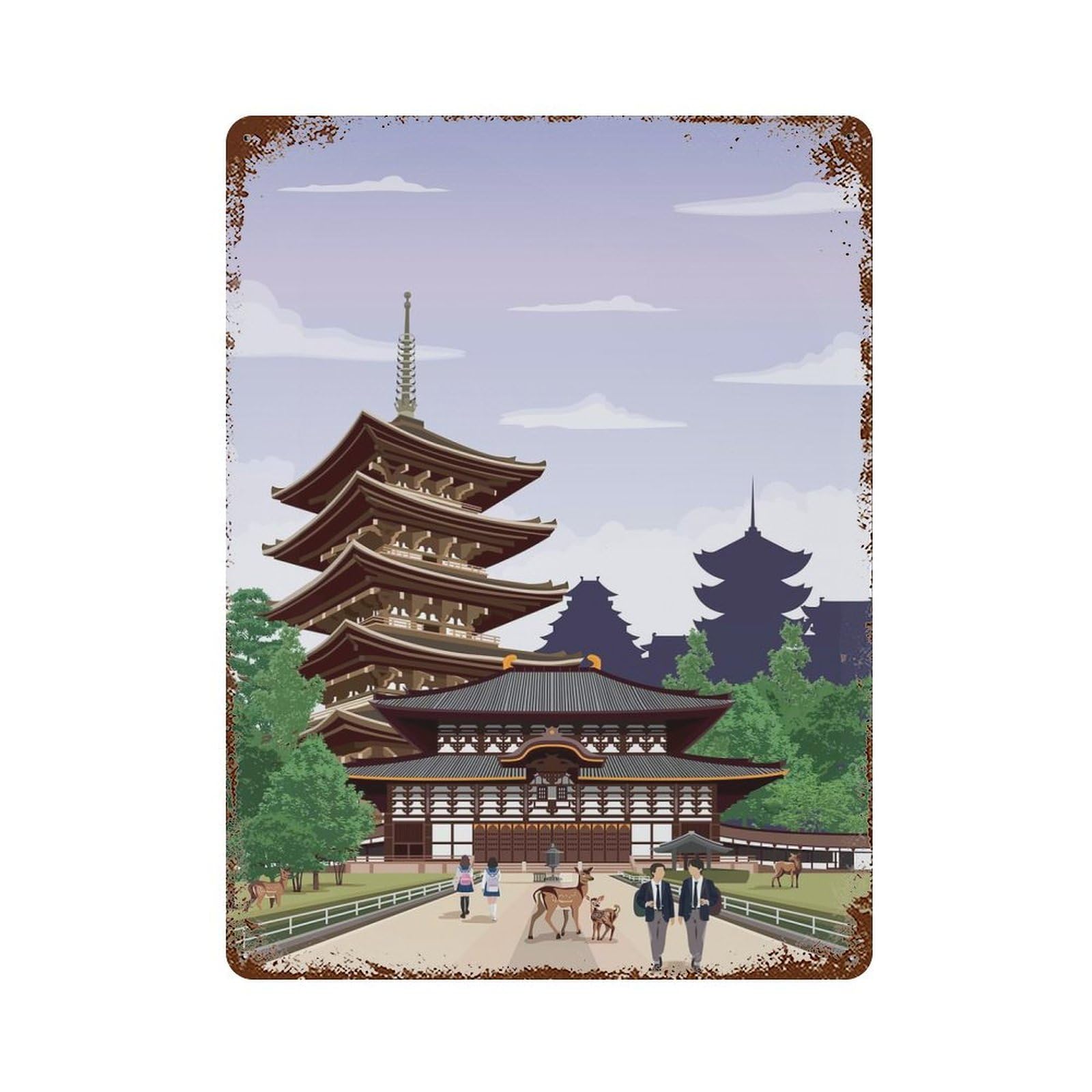 Nara Travel Print 15.7"x11.8" Rusty Metal Tin Sign, Shabby Chic Decor for Bistro, Counter And Cafe Decor