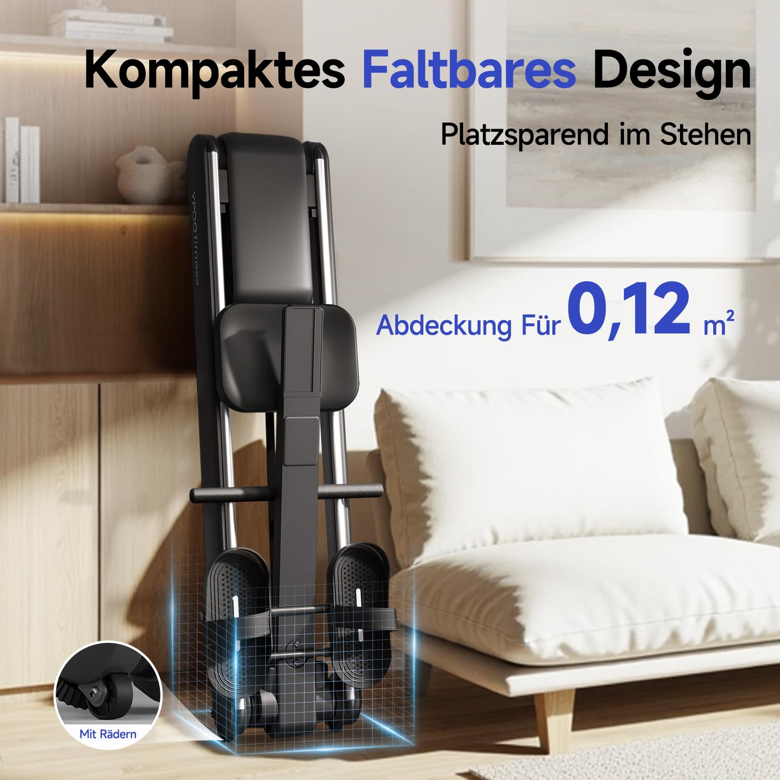 YPOO Rudergerät für Zuhause, Leises magnetisches Rudergerät, mit 16 Widerstandsstufen und doppelter Gleitschiene – Belastbarkeit bis 150 kg, mit LCD-Display, gepolstertem Sitz und App-Unterstützung