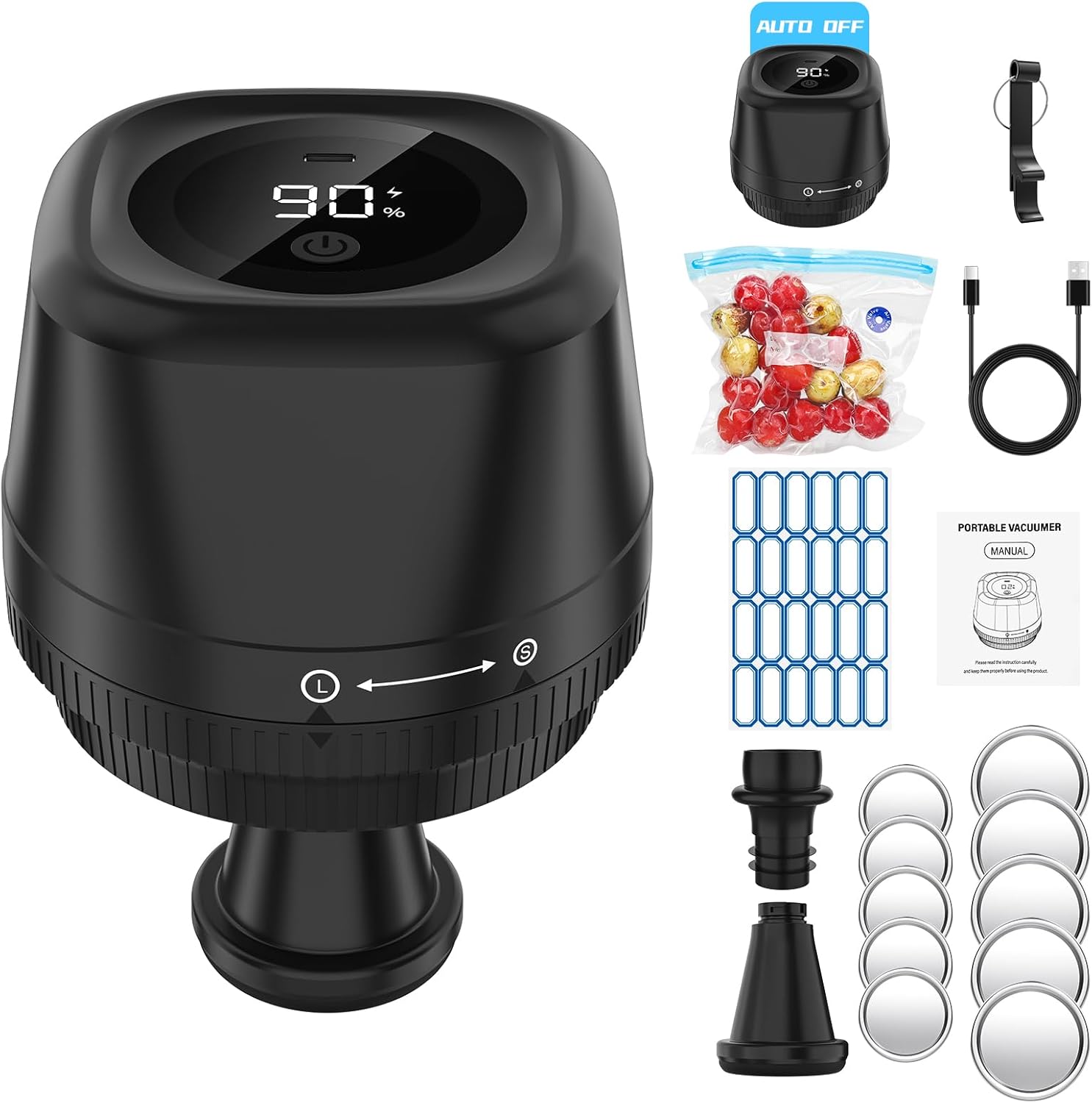 Electric Mason Jar Vacuum Sealer Kit, Tomkouni 4 in 1 Jar Vacuum Sealer for Wide and Regular Mouth Mason Jars, Automatic Stop Sealer for Jars Wine Bottle,Vacuum Bags Containers, Black