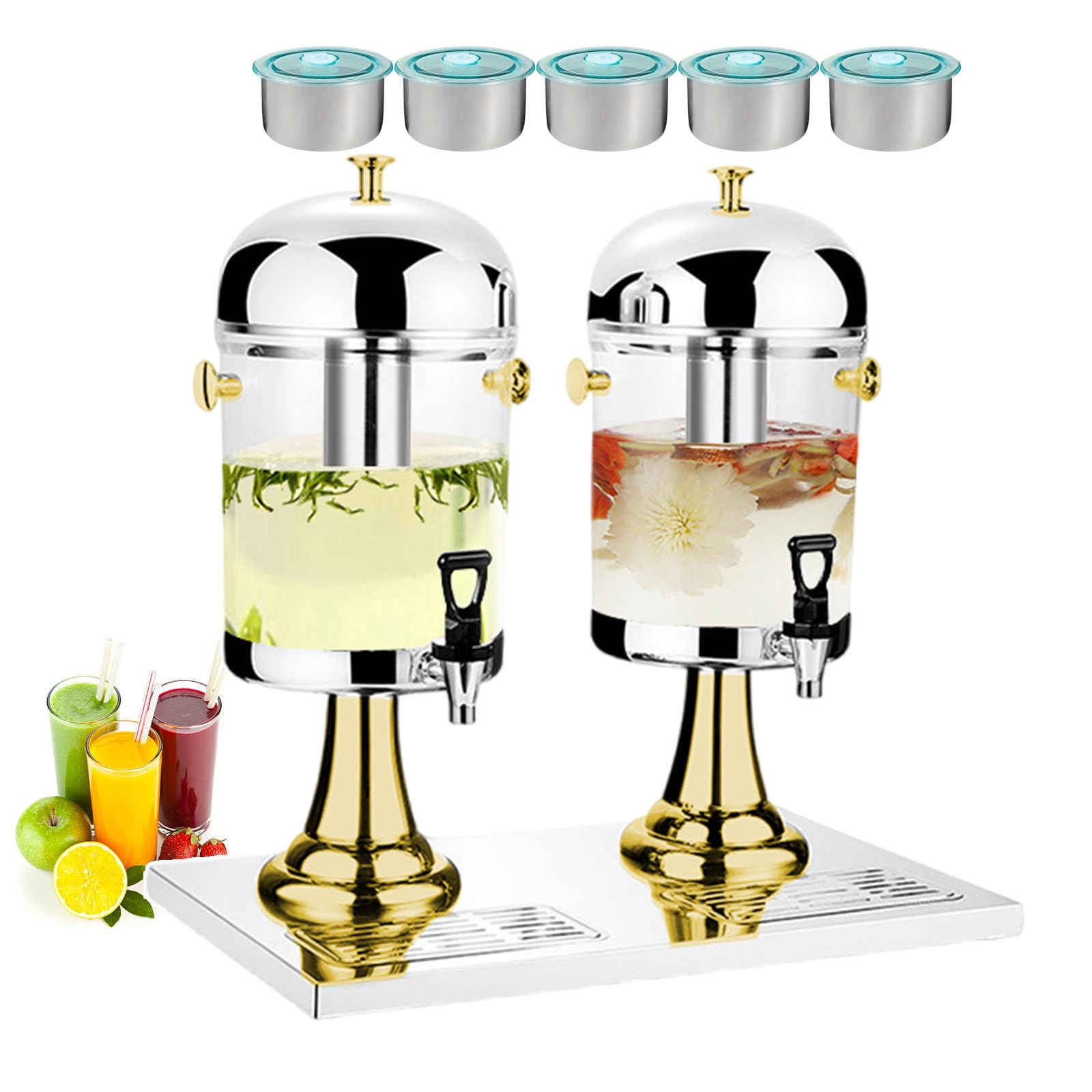 asdchZen 16L Commercial Juice Dispensers With 2 Bucket, Cold & Warm Beverage Dispenser With Tap, Soy Milk And Coffee Dispensers - Silver/Gold-Plated, Double Shape,Silver,Gold