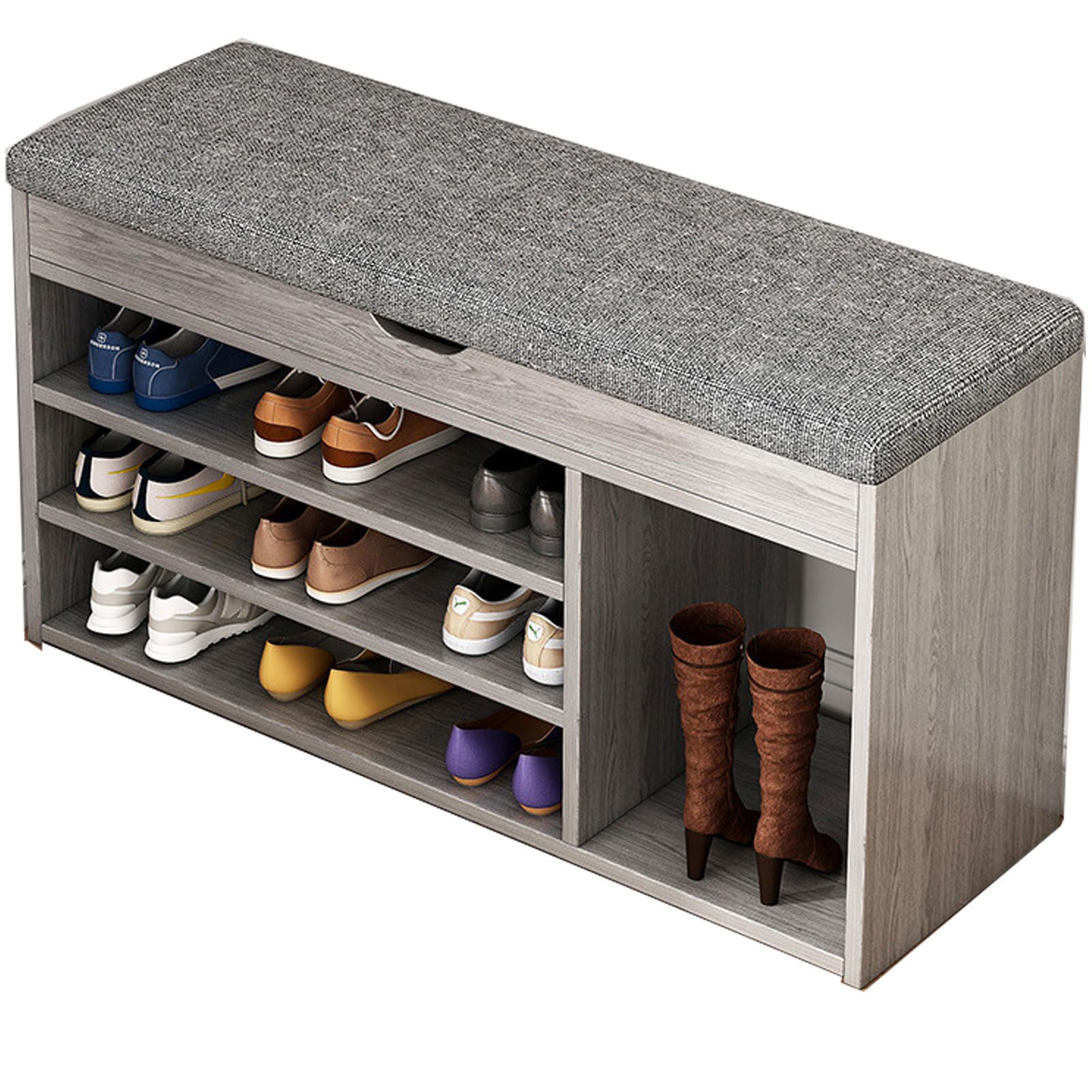 Banc à chaussures bois meuble de rangement rembourré entrée couloir salon gris