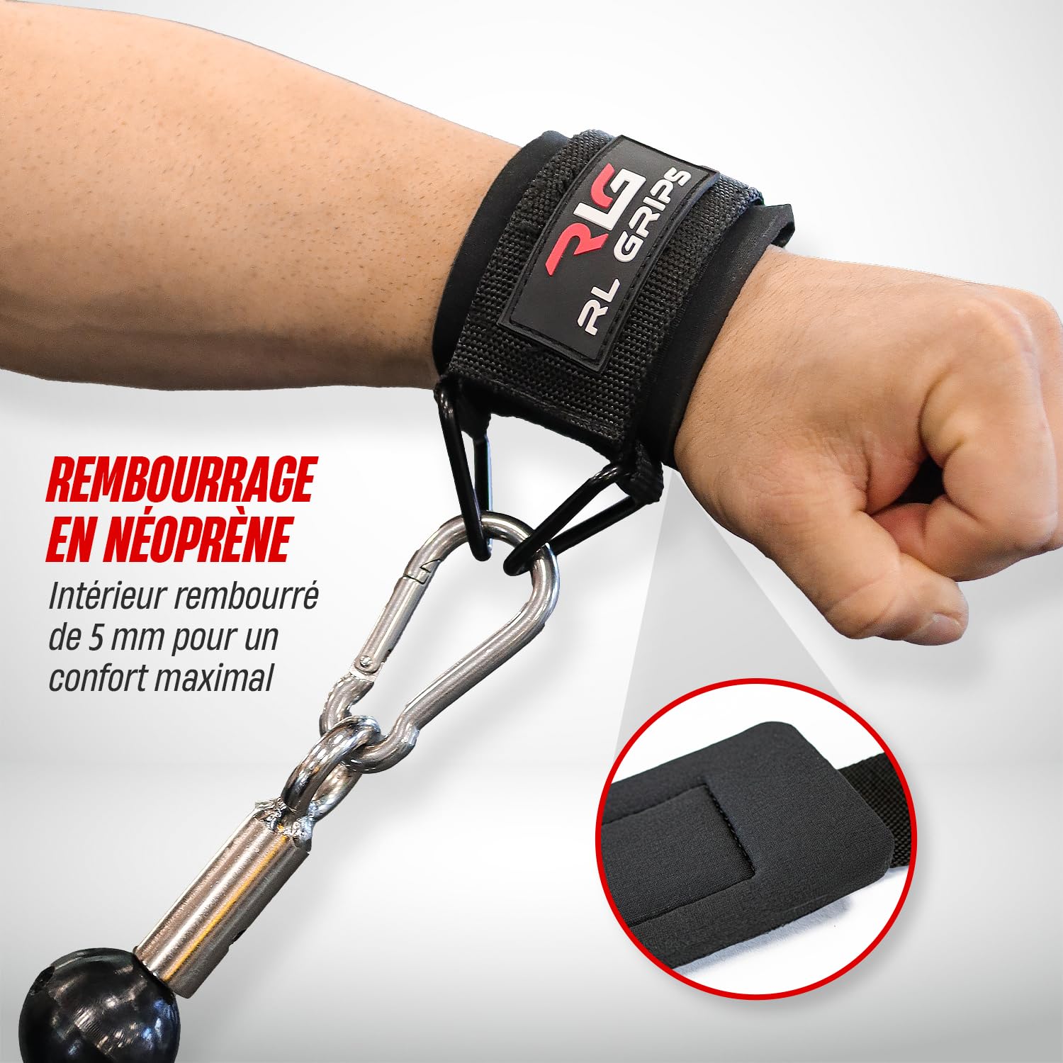 RL Grips Cable Wrist Cuffs pour Poulie – Manchettes de Poignet Réglables avec Anneaux Métalliques – Accessoire pour Machine à Câble Musculation, Fitness et Entraînement