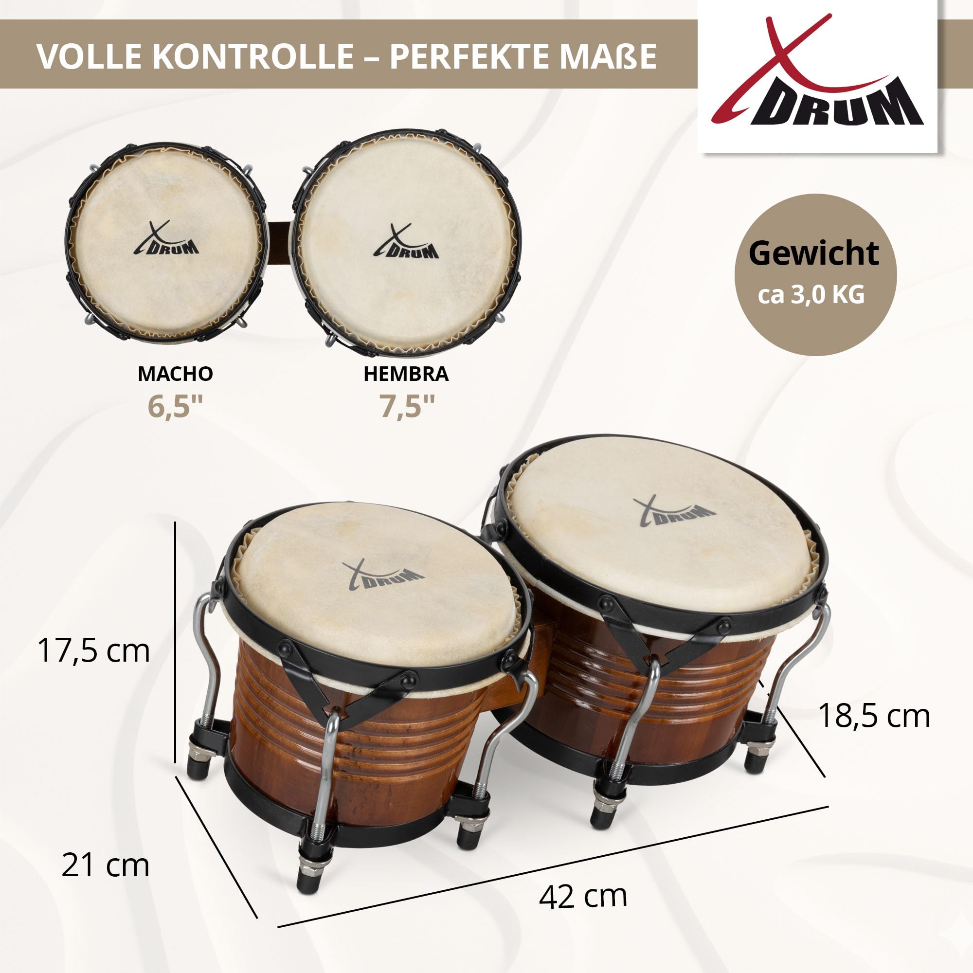 XDrum Bongos Pro Tobacco, 2 tambores ("macho" y "hembra"), 5" (17 cm) y 7 | Tamaños de bongo: 6, 5" (17 cm) y 7, 5" (20 cm), Parches naturales, Madera: abedul, Herrajes cromados, 5 x 41 x 21 cm