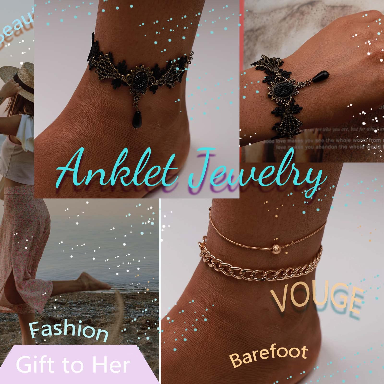 Cavigliera Vintage Nera Con Onice E Cristalli | Catena Per Piede Boho, Estate Spiaggia