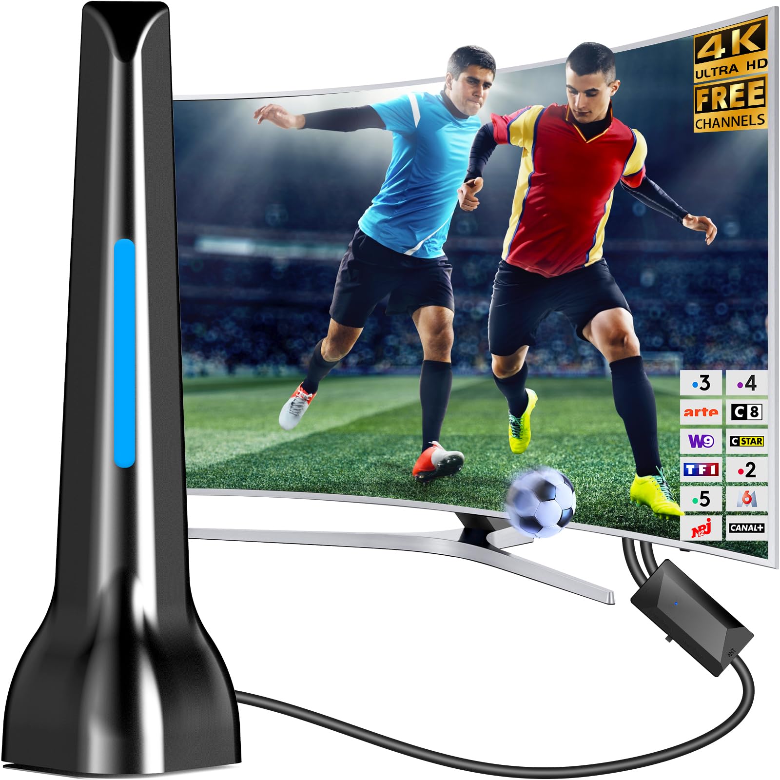 Antena de TV interior potente con amplificador de señal de alta ganancia - Recepción de 360° de largo alcance, base magnética para fijación fácil, compatible con televisores HD/1080p/4K