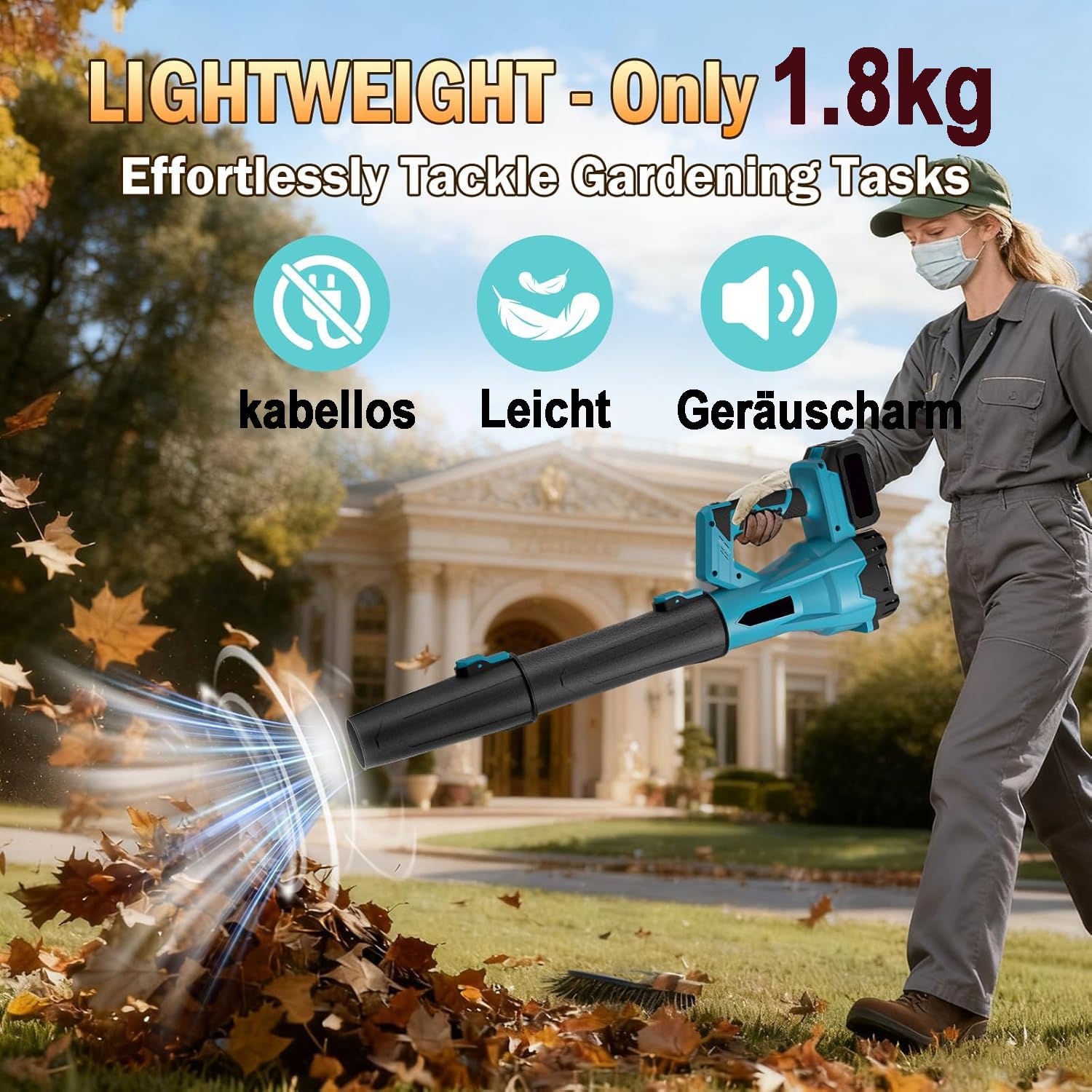 Akku-Laubbläser für Makita Akkus,Elektrischer Laubbläser mit 2×2.0Ah Akkus und Ladegerät,6-Gang,3 Düsen,260 km/h Luftgeschwindigkei,Leistungsstark,Akku Gebläse für Garten, Laub,Staub & Schnee