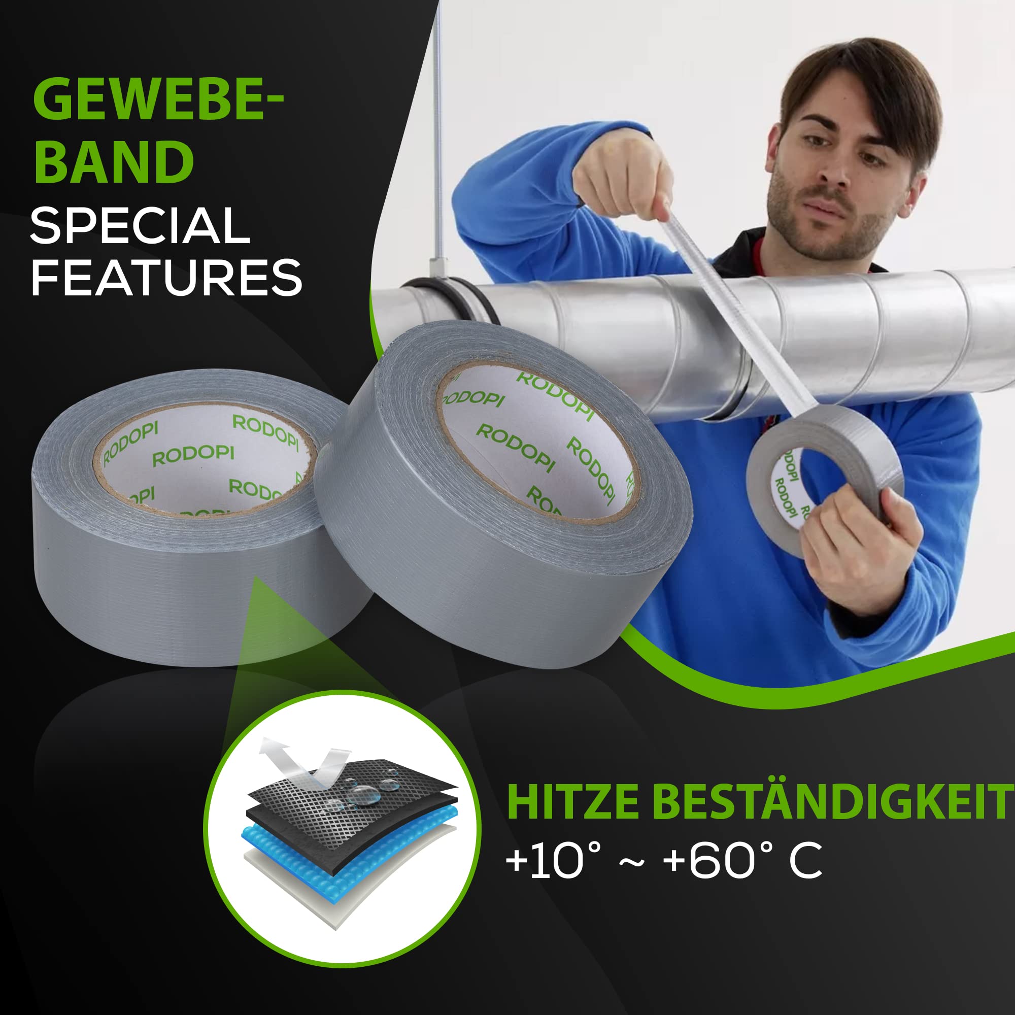 RODOPI Panzertape FixGrip 50mm x 50m Gewebeband Silber Schwarz Weiß Panzerband extra stark Gewebeklebeband Stärke 0,15mm Gaffa Tape Duct Tape wasserfest (36 Rollen, Silber)