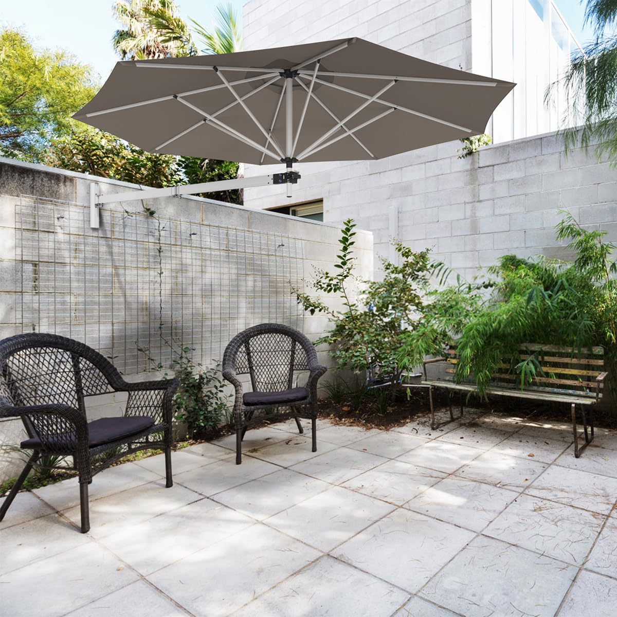 GYMAX Ombrellone da Parete a Braccio, con Testa Inclinabile e Supporto Regolabile, Ombrellone da Esterno con 8 Costole Robuste, per Balcone, Giardino, Cortile