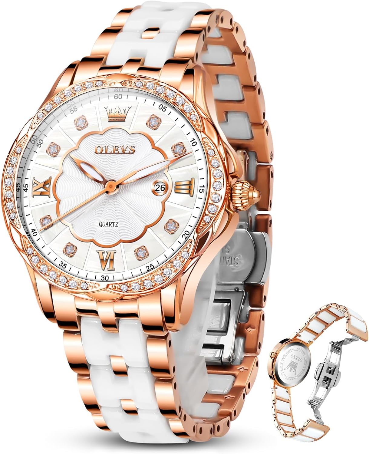 OLEVS Womens Ceramic Watch Luxury Shinning Diamond Rose Gold Watch for Women Analog Quartz Ladies Dress Watches Casual Waterproof Wrist Watches for Woman with Day Date Reloj para Mujer