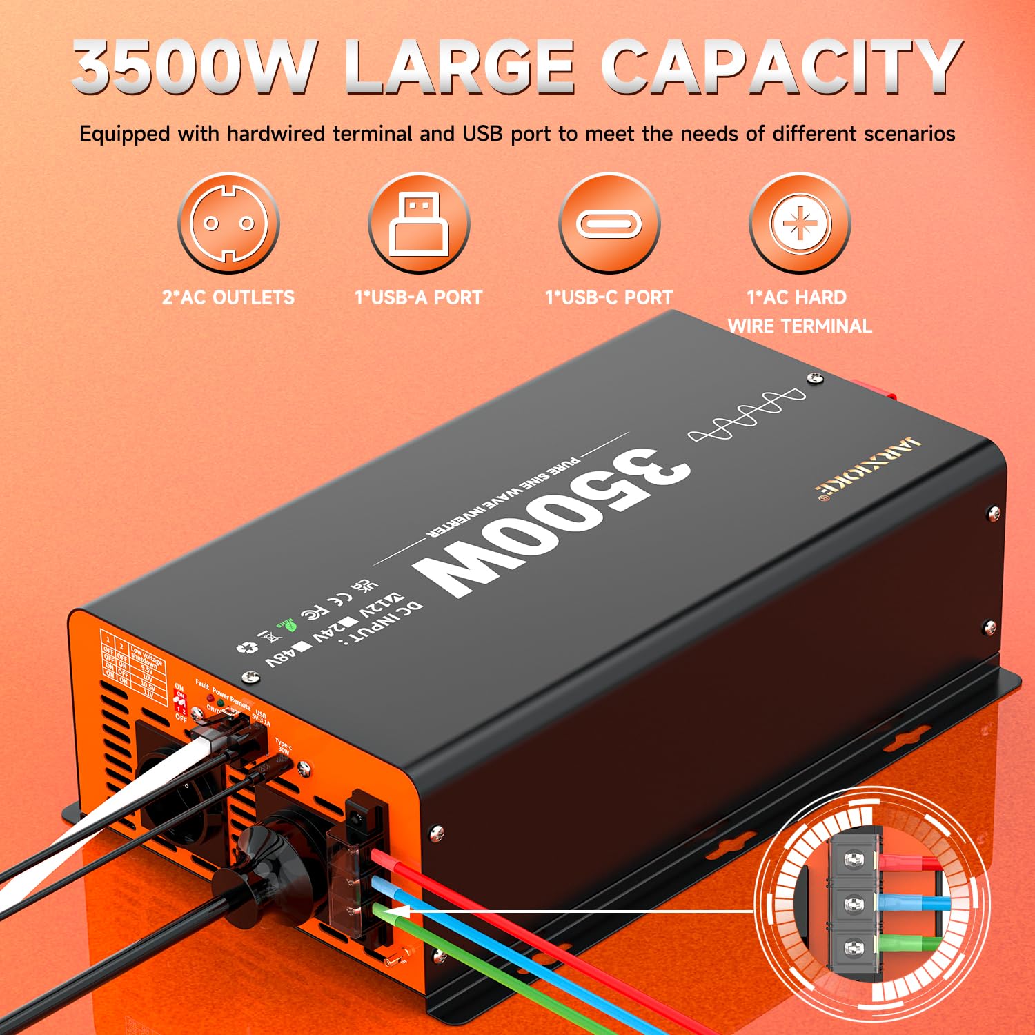 3500W Wechselrichter 12V auf 230V Reiner Sinus Spannungswandler Inverter mit Fernbedienung,Bildschirm LCD,Dual USB Ports,Type-C Port,2 AC-Steckdosen Inverter für Solar Fahrzeuge Auto Wohnmobil