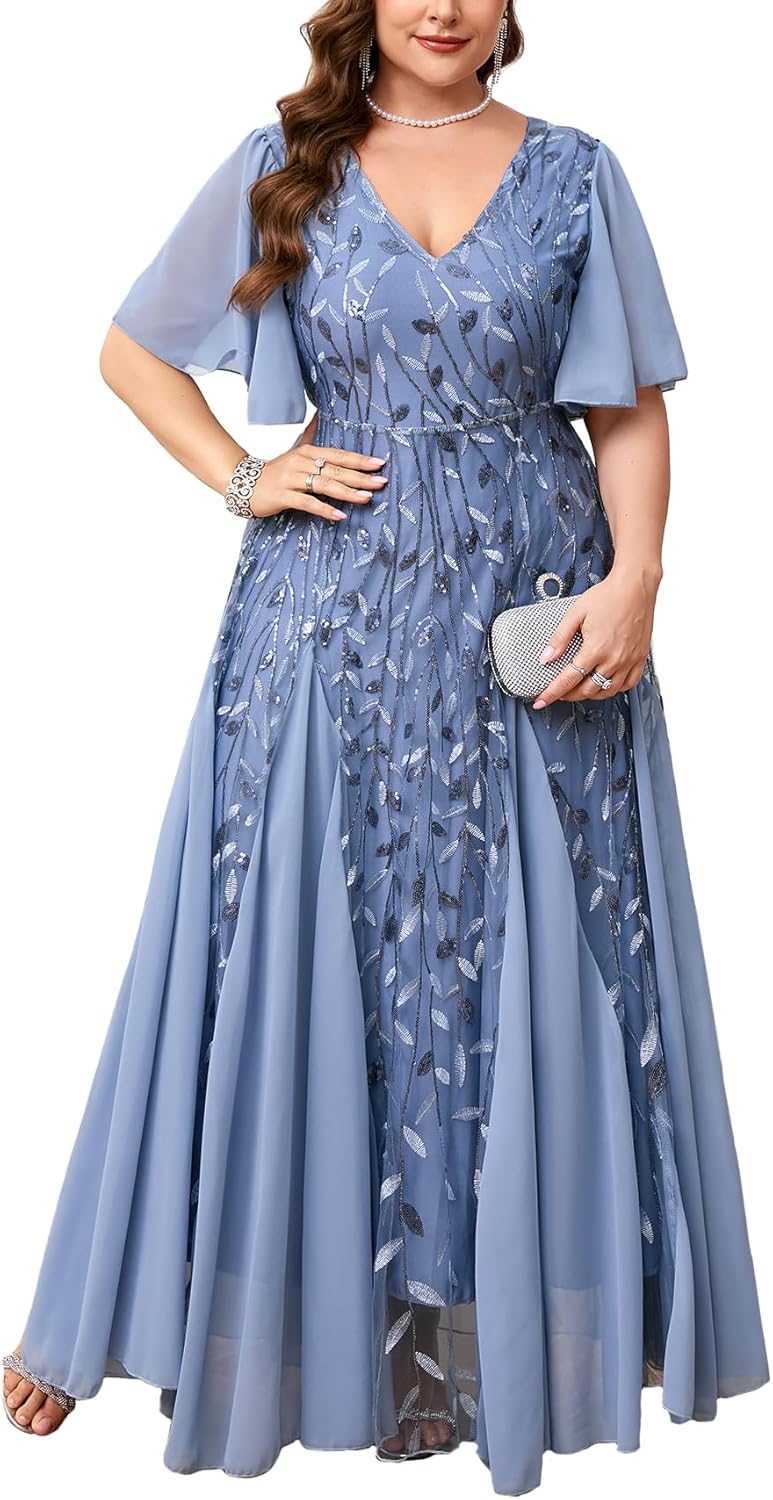 ZOMVA Plus Size 0X-4X Sequin Embroidery Formal Long Dress Glitter V-Neck A Line Prom Dress Wedding Evening Gown