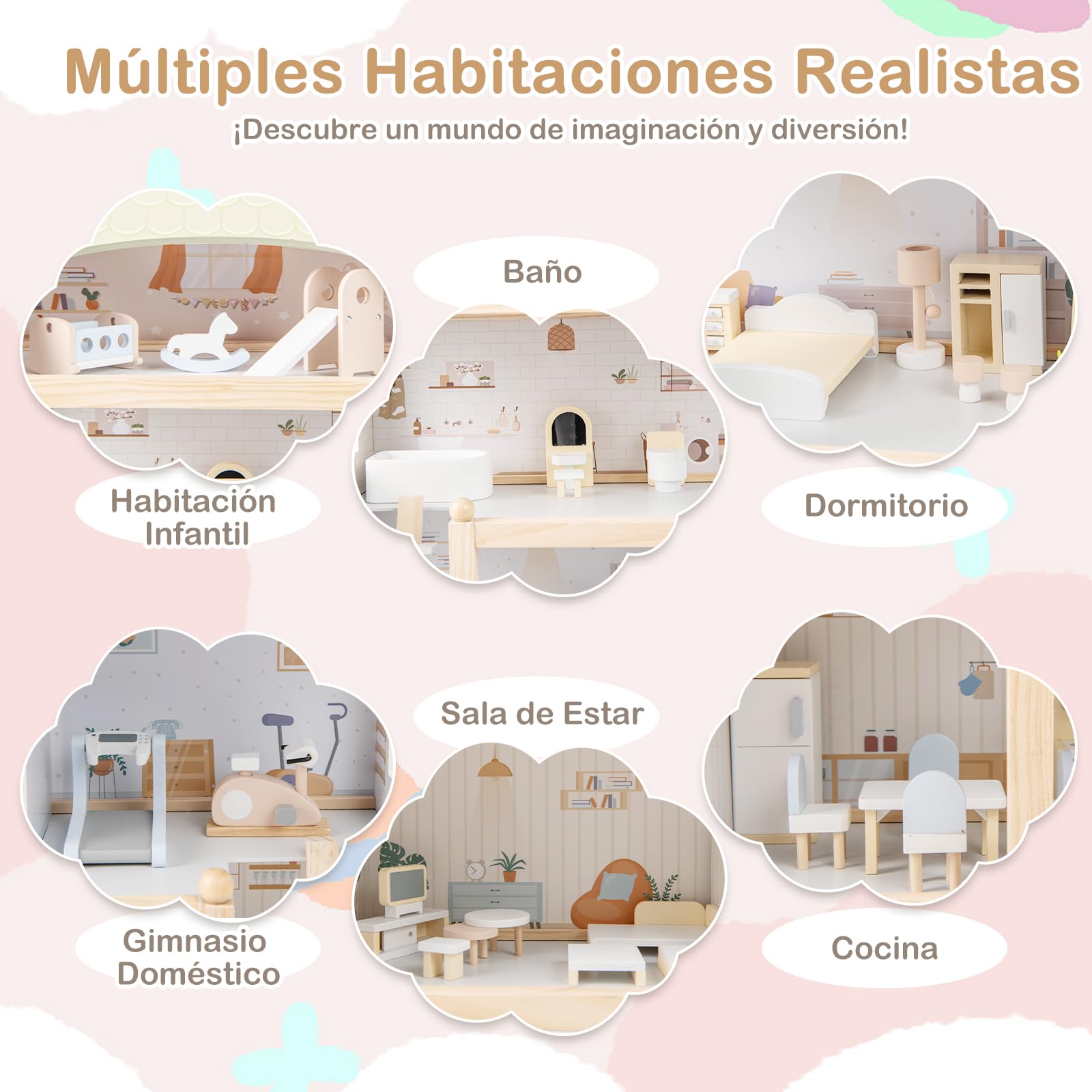 GOPLUS Casa de Muñecas de Madera para Niños, Casa Moderna de 4 Pisos con 33 Accesorios de Muebles, 6 Habitaciones, Balcón con Piscina, Juguete de Juego de Simulación para Niños de 3+ Años