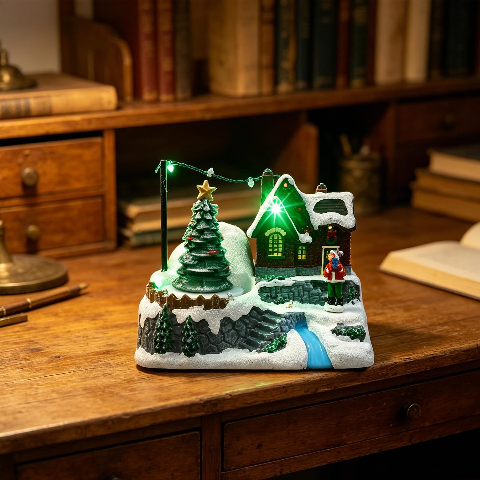 Weihnachtliche Spieluhr mit Leuchtendem Schneehäuschen und Drehbarem Baum aus Kunststoff Elegante Tischdekoration für Winter und Festliche Geschenkidee
