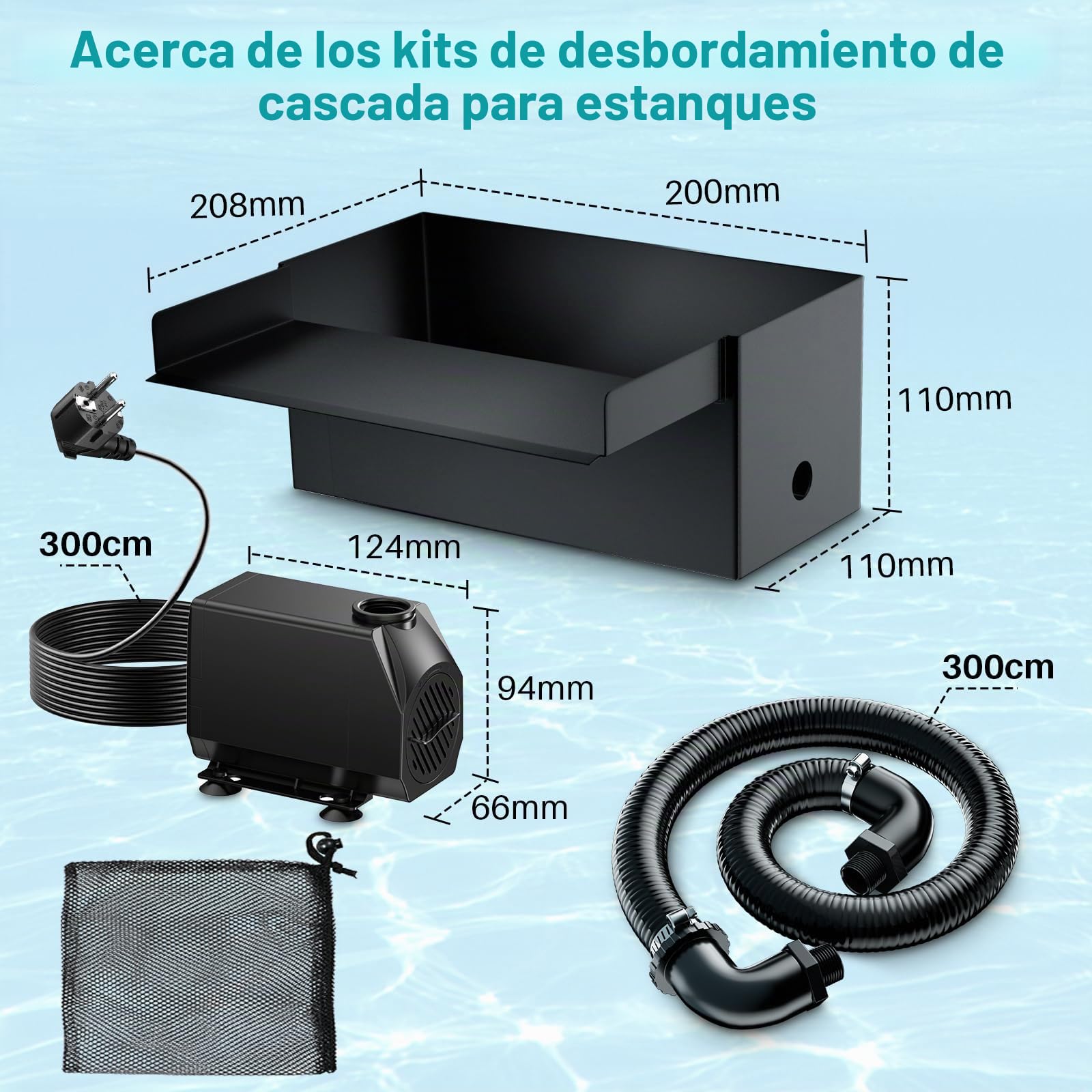 Biling Estanque cascada para estanque de jardín, 20 cm, acero inoxidable, juego de cascada, 40 W, 2500 L/H, bomba de estanque con cascada, decoración, jardín, estanque, juego de agua, patio, terraza