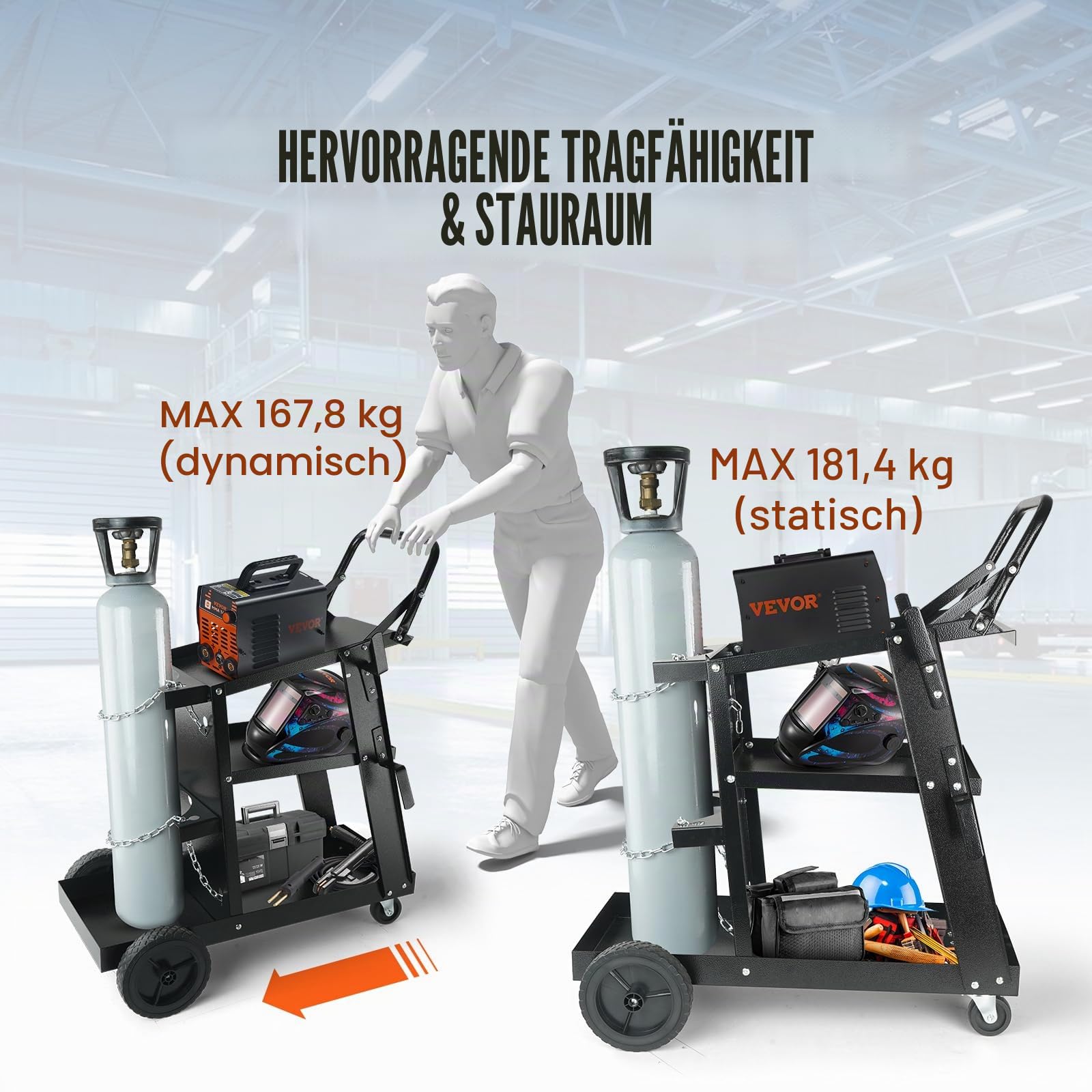 VEVOR Schweißwagen 3 Ablageflächen Schweißmobil Max. 168-181kg Wagen für Schweßgeräte mit 2 Gasflaschenhalterung Ideal für Handschweißen Schutzgasschweißen Argon-Lichtbogenschweißen