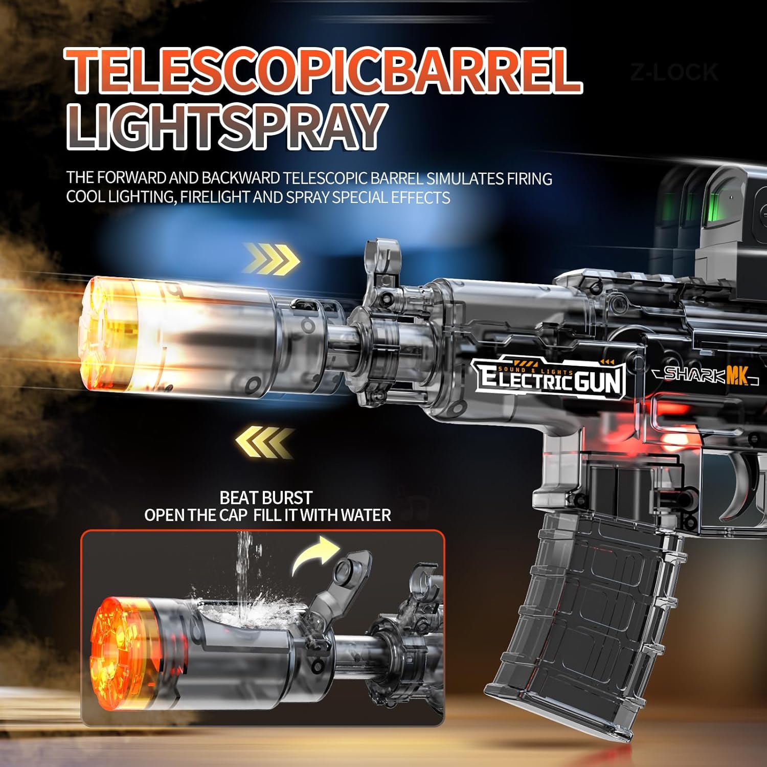 Spray Light and Sound Gun with Flash, Sound Effect, Spray Effect, Built-in Battery, Charging Cable, Scope, Magazine, Light and Sound Toy Gun, Very Suitable for Children Aged 3+ (Grey)