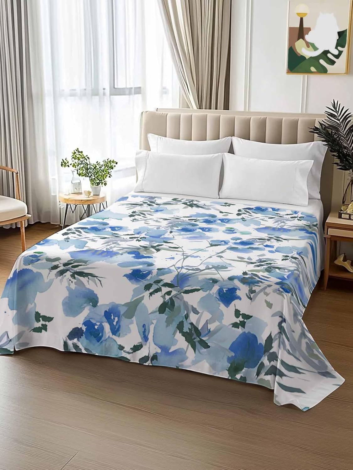 Top Sheet Full Bedding Flat Sheet Only, Farm Blue Wildflower Leaves Microfiber Bed Sheets Soft Breathable Bedding Flat Sheets, Abstract Watercolor Floral Hotel Luxury Top Sheets