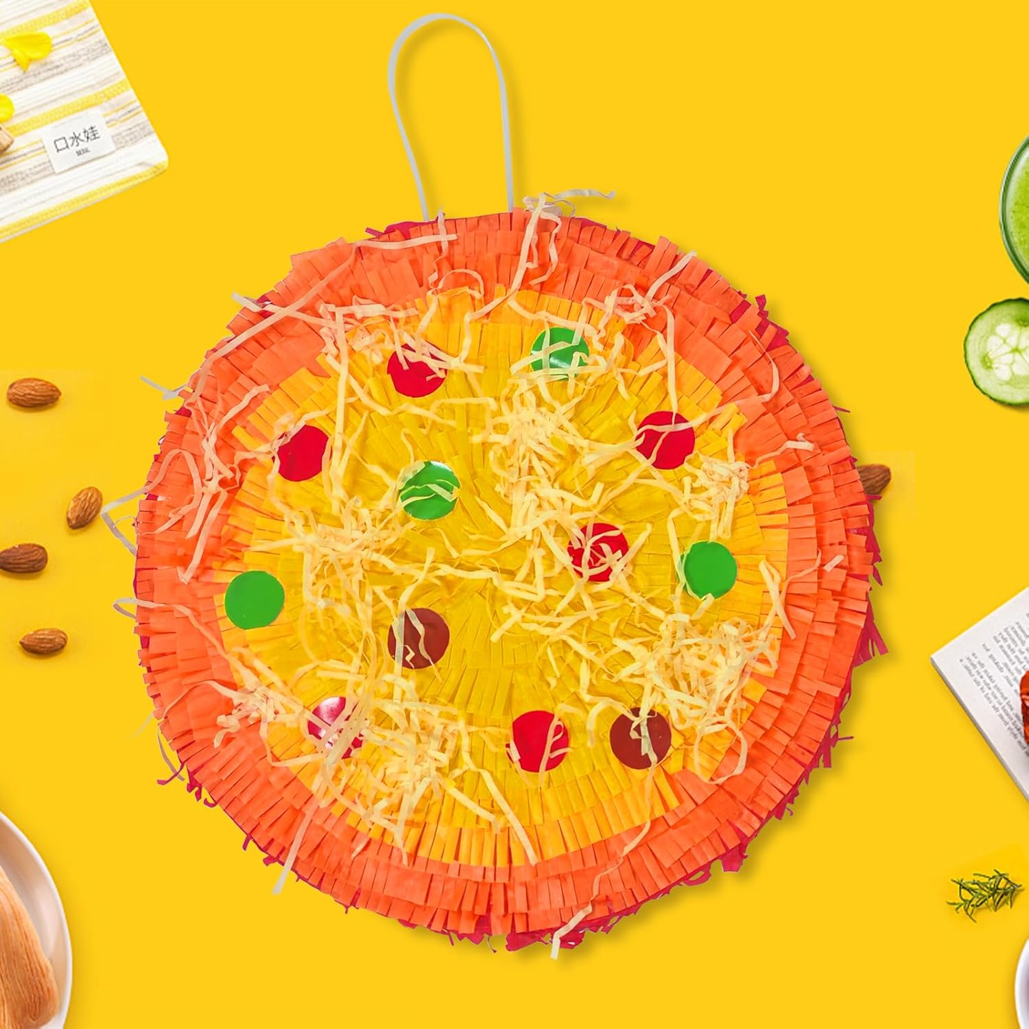 Round Pizza Pinata with Stick, Confetti, and Blindfold, Pizza Party Decorations For Kids Summer Food Themed Birthday Mexican Party Supplies