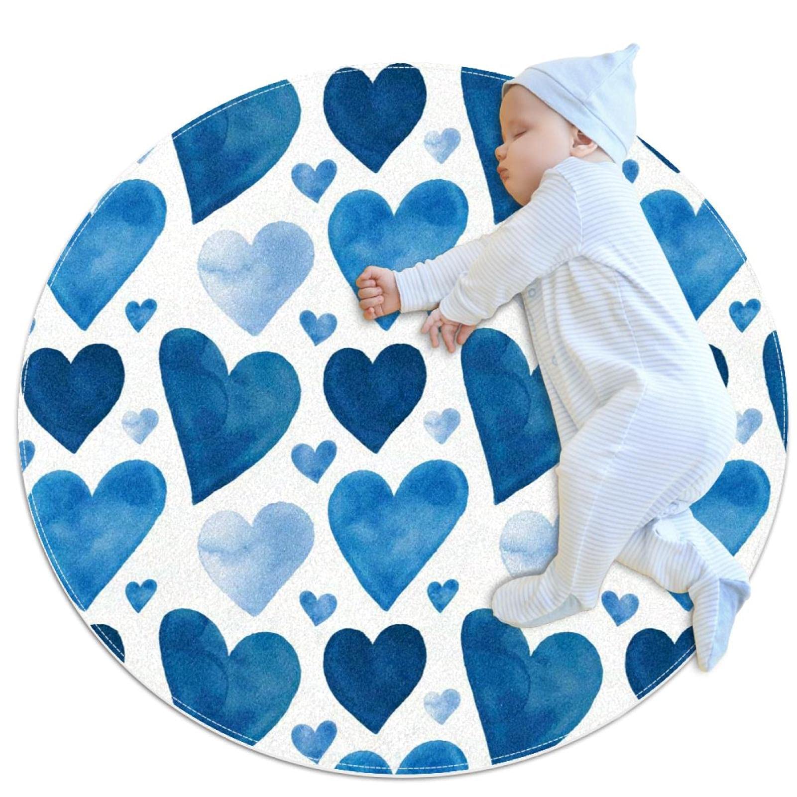 Tapis de salle de bain rond de 1m bleu à cœurs pour chambre d'enfant