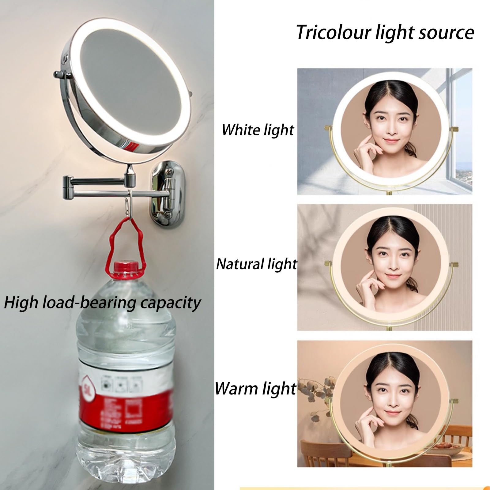HJXGQJM Specchio Trucco Con Ingrandimento 3X/1X, Specchio Da Parete LED 3 Colori Di Luce, Specchio Estensibile, Rotazione A 360°, Per Bagno Hotel Spa, Braccio Pieghevole Estensione(Silver)