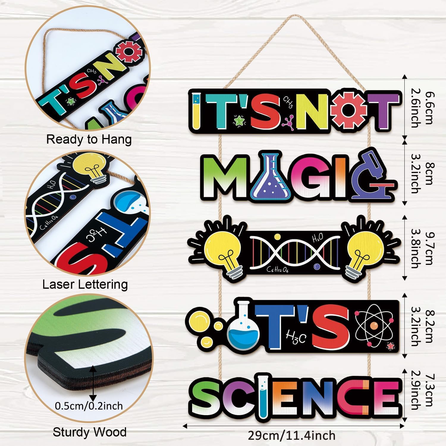 HPNIUB Inspirational Science Lab Classroom Wooden Wall Art, It’s Not Magic It’s Science Sign Hanging Plaque - Image 2