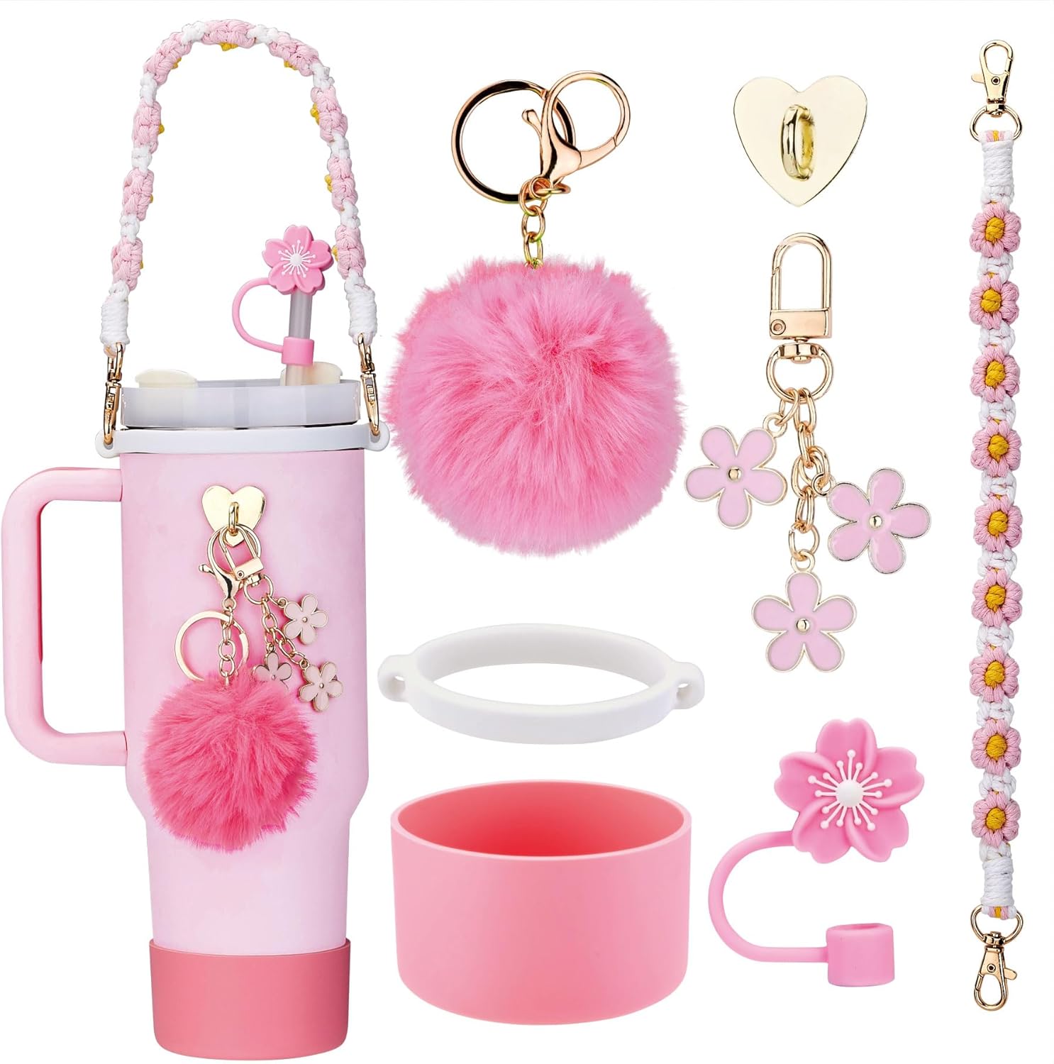 Accessories for Stanley Cup 40oz - Tumbler Strap, Silicone Cup Boot, Straw Cover, 2 Charms - Black