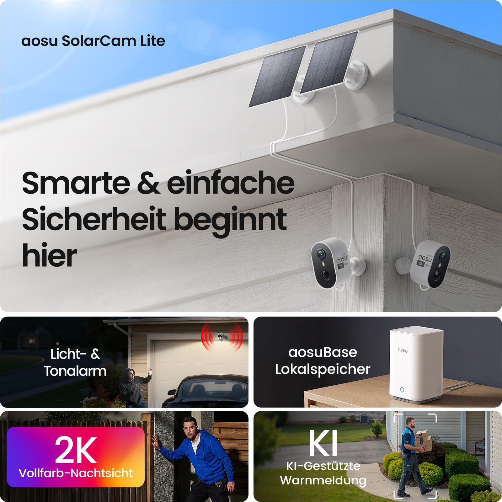 aosu 2K Überwachungskamera Aussen Akku Solar 4er-Kit mit Aosubase 2.0 kein ABO Nötig 32GB Lokal Speicher Kamera Überwachug Aussen PIR Bewegungssensor Licht Tonalarm 2-Wege-Audio Farb-Nachtsicht