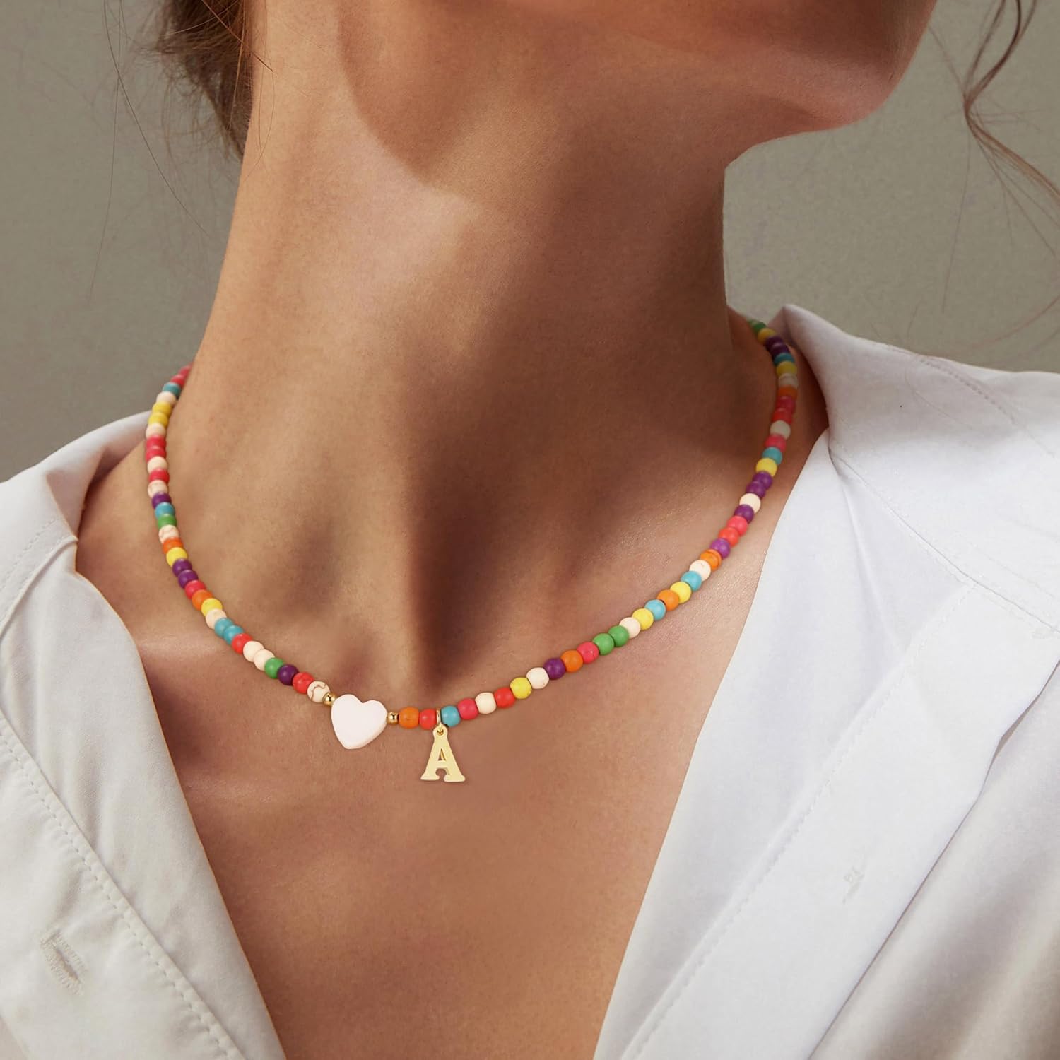 Colorful Beaded Initial Necklace for Girls - Trendy Handmade Choker Necklace with Stainless Steel Letter Charm and Heart Pendant, Bohemian Initial Necklace Jewelry Gift for Women and Teen Girls - Image 3
