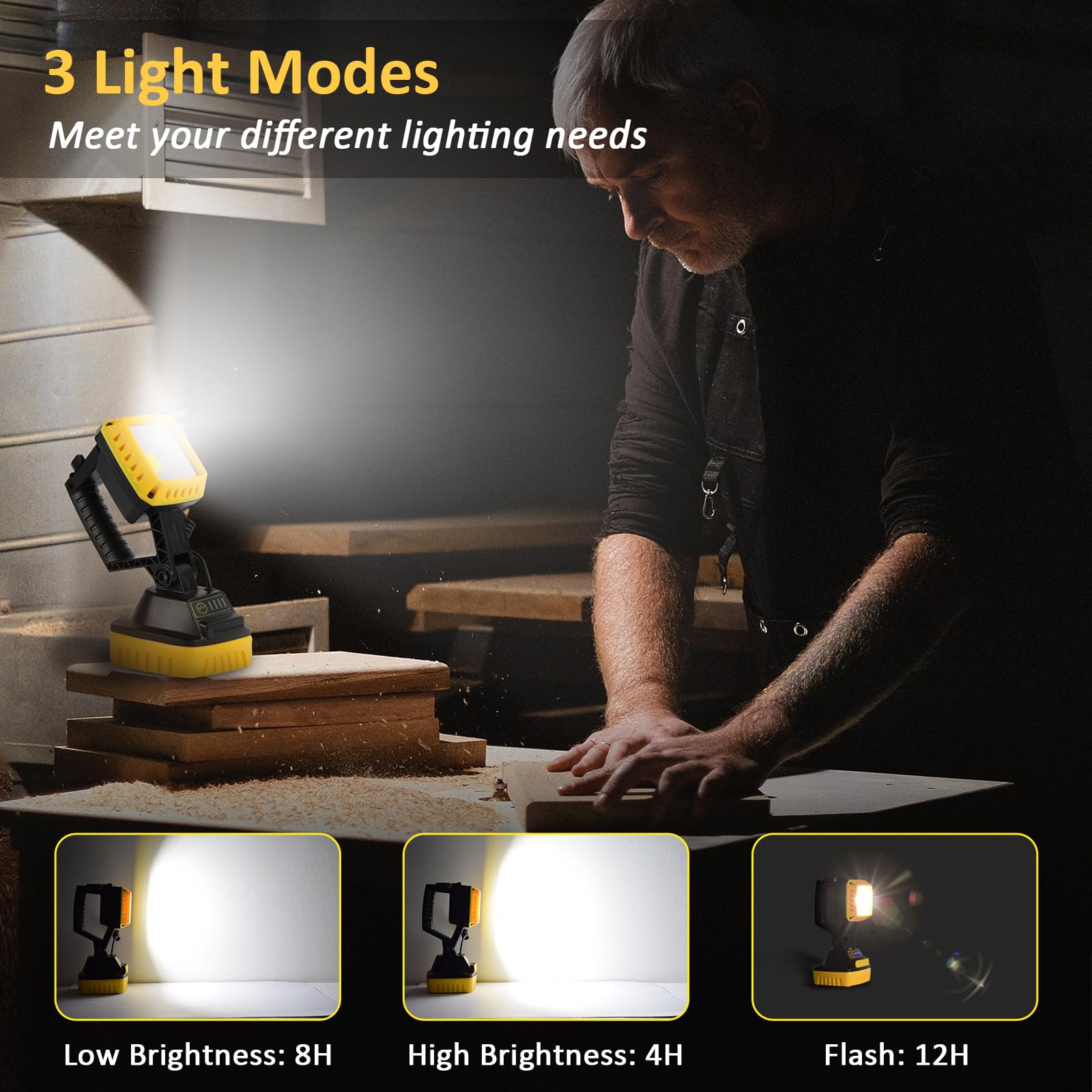 MASMEJOR Projecteur LED Rechargeable 1500LM, 4400mAh, 3 Modes d'éclairage | 30W, Rotation à 120°, Deux Méthodes d'alimentation Électrique, Magnétique, IP44, Idéal pour Camping, Travail, Pêche