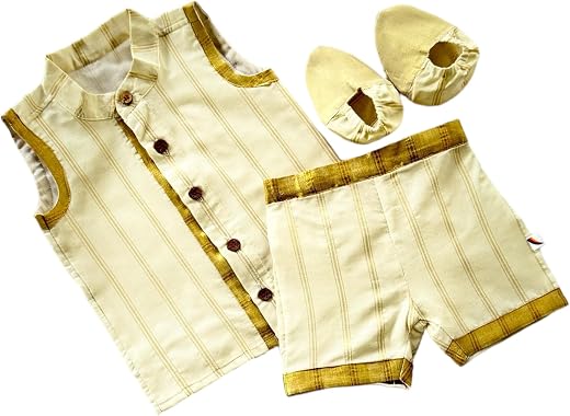 Picksparrow Newborn Baby Boy Clothes/Kerala Cotton Traditional Jhabla-Shorts with Booties