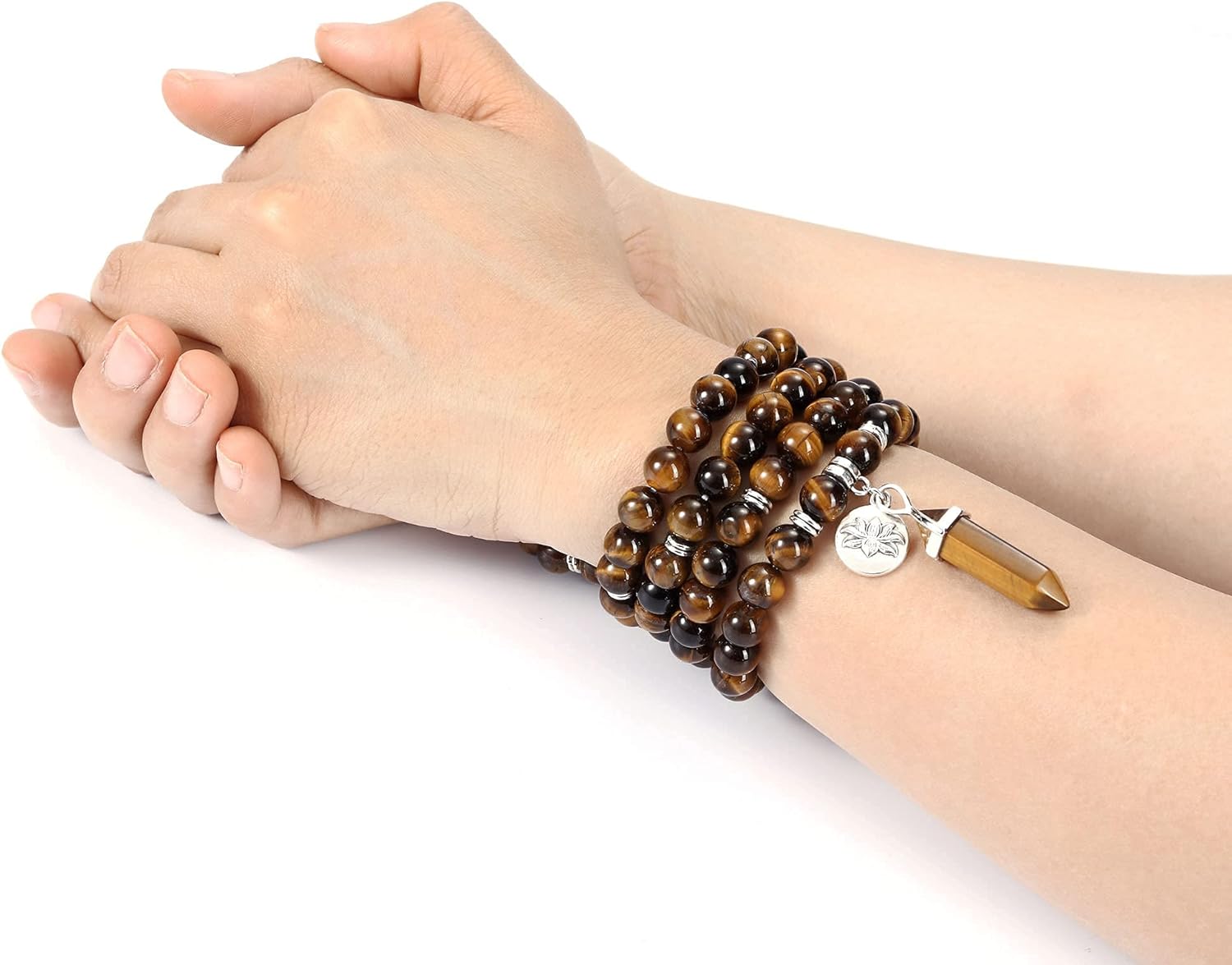 Jovivi 108 Mala Beads Bracelet 8mm Natural Amethyst Rose Quartz Healing Crystal Stone Mala Prayer Bead Necklace Hexagonal Prism Gemstone Reiki Pointed Pendant for Yoga Meditation Energy Balancing - Image 6