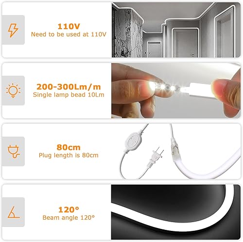 Miniatura 4 de SUCIKORIO Tira de luces LED de neón de 100 pies  98.4 ft, luz blanca diurna, 6000 K, impermeable, IP65, tira de luz LED flexible CA de 110 a 120 V,