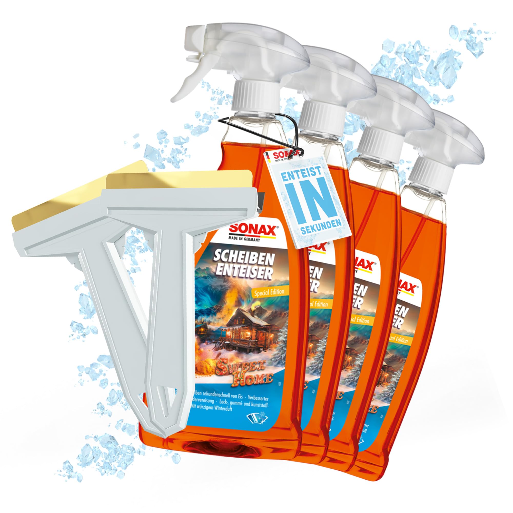 Set di 4 sbrinatori per parabrezza, spray Sonax, Sweet Home, 1 litro per finestrini dell'auto + 2 raschietti per ghiaccio Murska con lama in ottone, per una visione chiara