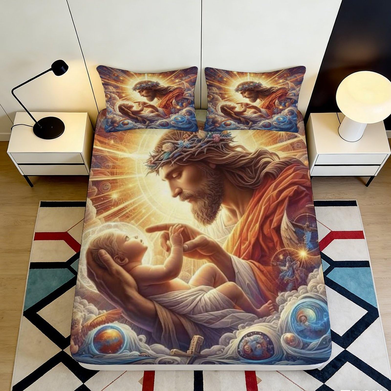 3D Printed Jesus Blessing Angel Fitted Sheet Microfiber Soft Bed Cover for Bedroom Dorm Mattress Decor Protection 90x200x25cm