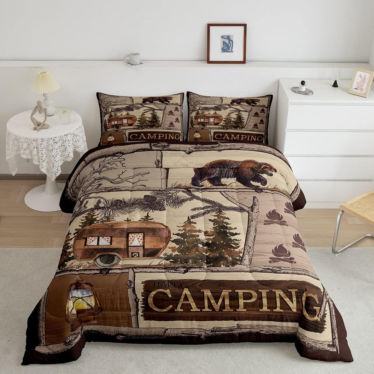 Camping Comforter Set for Youth Retro Camper Bedding Camper Accessories for Travel Trailers,Farmhouse Bear Bedding Comforter Country Tree Branch Duvet Insert with 1 Pillowcase Bedroom Decor,Twin