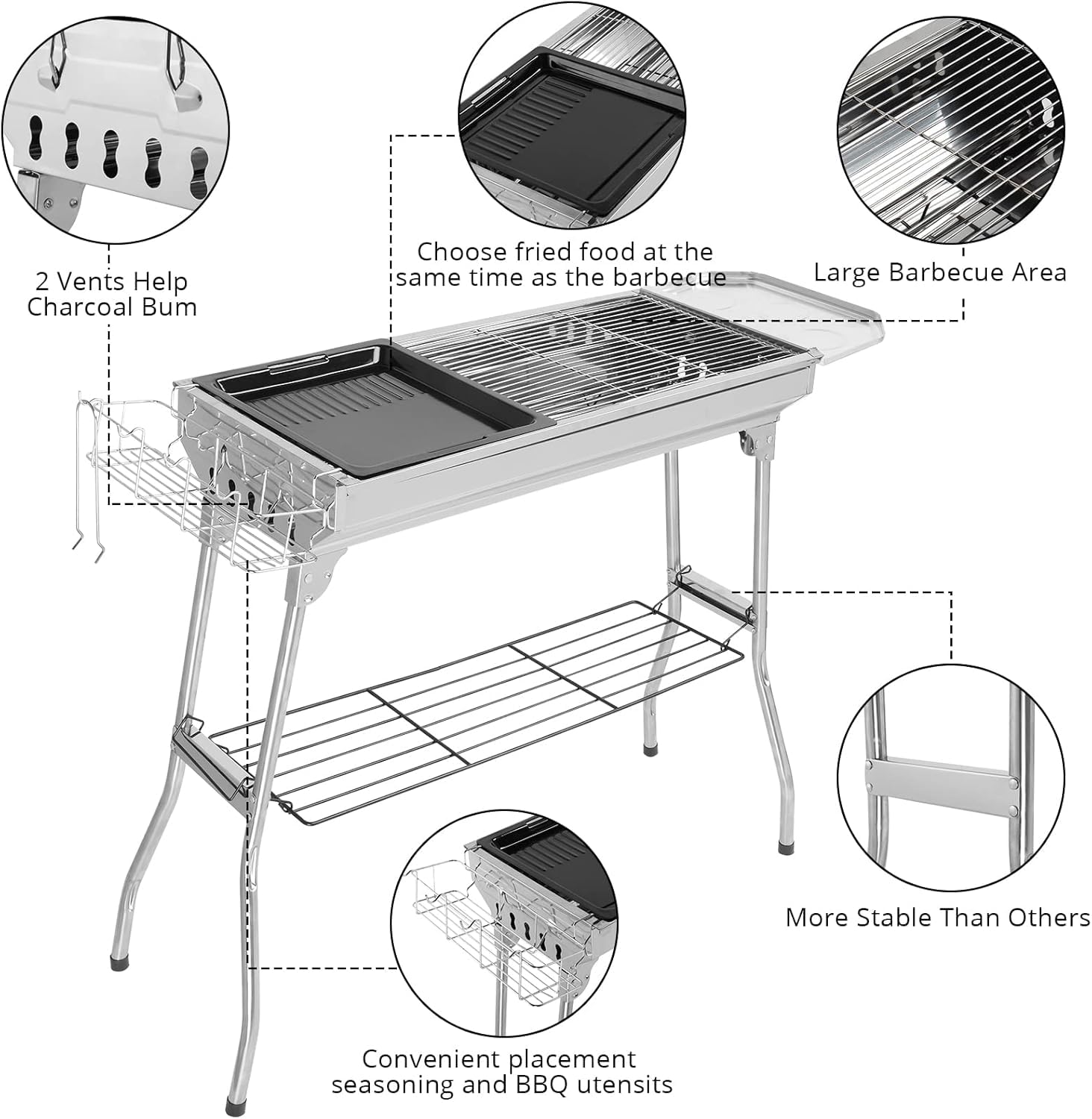 LEADZM Barbecue Charbon de Bois en Acier Inoxydable – Pliant et Portable (100x31x71cm déplié) – Pour 5-10 Personnes – Idéal Camping, Terrasse & Extérieur