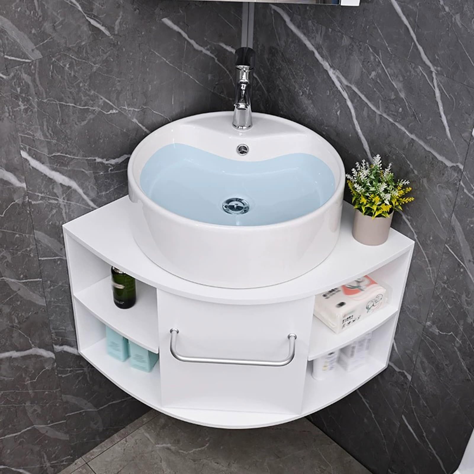 SGKOMN White Bathroom Sink, Corner Bathroom Sink, Wall Mounted Bathroom Sink, Bathroom Sink with Storage Container, Corner Bathroom Vanity, Wall Mounted Floating Cabinet, 50cm/19.6in