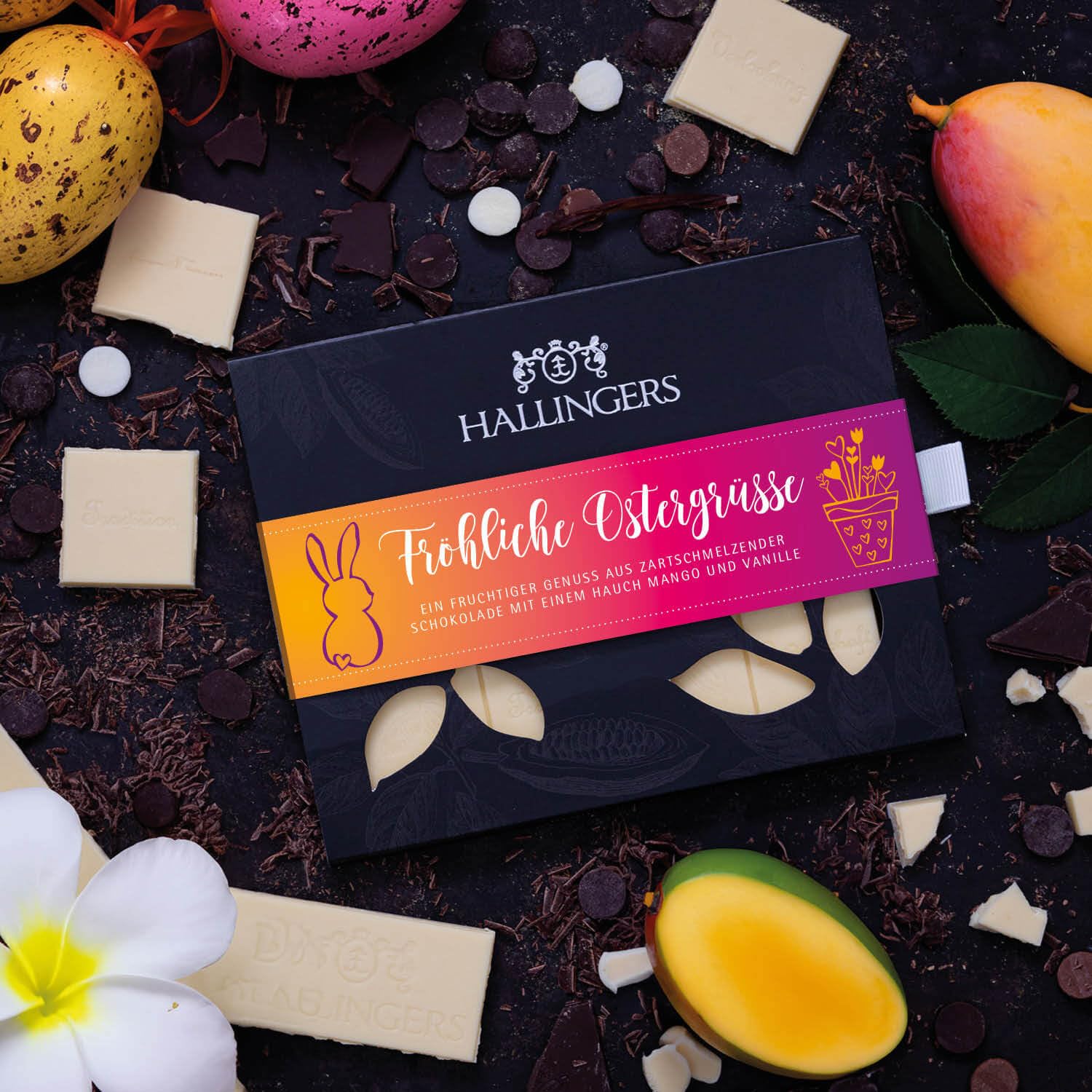 Hallingers Genuss Manufaktur Feinkost Oster-Geschenk-Set - XXL-Geschenkkorb "Easter Box yellow" großes Osternest 4 Schokoladen-Tafeln & 60 Pralinen-Ostereier, Ostern Körbchen für Frauen Männer