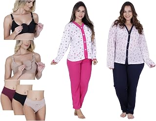 Kit maternidade 2 Pijama Longo Aberto De Botão +2 sutiã amamentação +3 calcinha cós pós parto