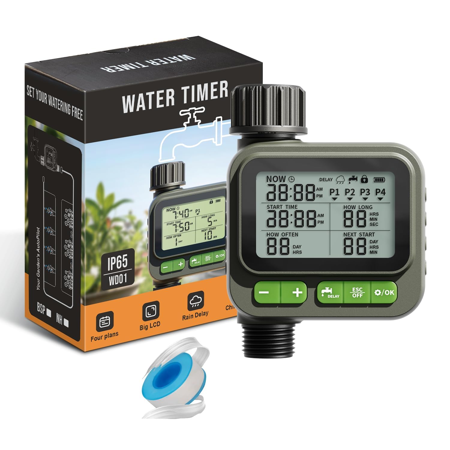 Minuterie d'arrosage Automatique avec Grand écran LCD – Mode Manuel/Automatique, Fonction de Retard Pluie, incluant 1 Distributeur d'eau en Y de 3/4 Pouce
