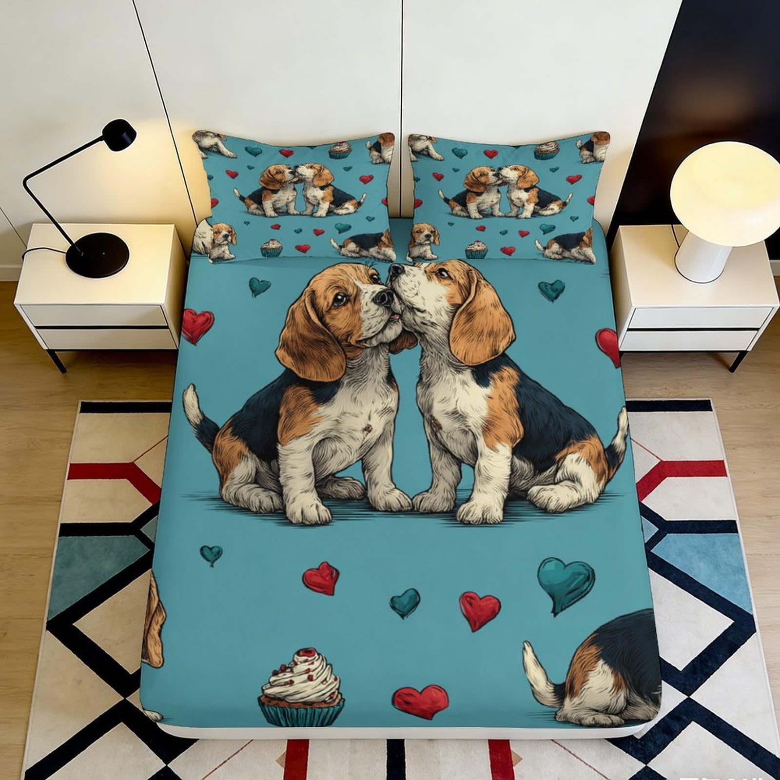 3D Printed Beagle Dogs Fitted Sheet Microfiber Soft Blue Heart Pattern Mattress Cover Bedroom Decor 90x200x25cm