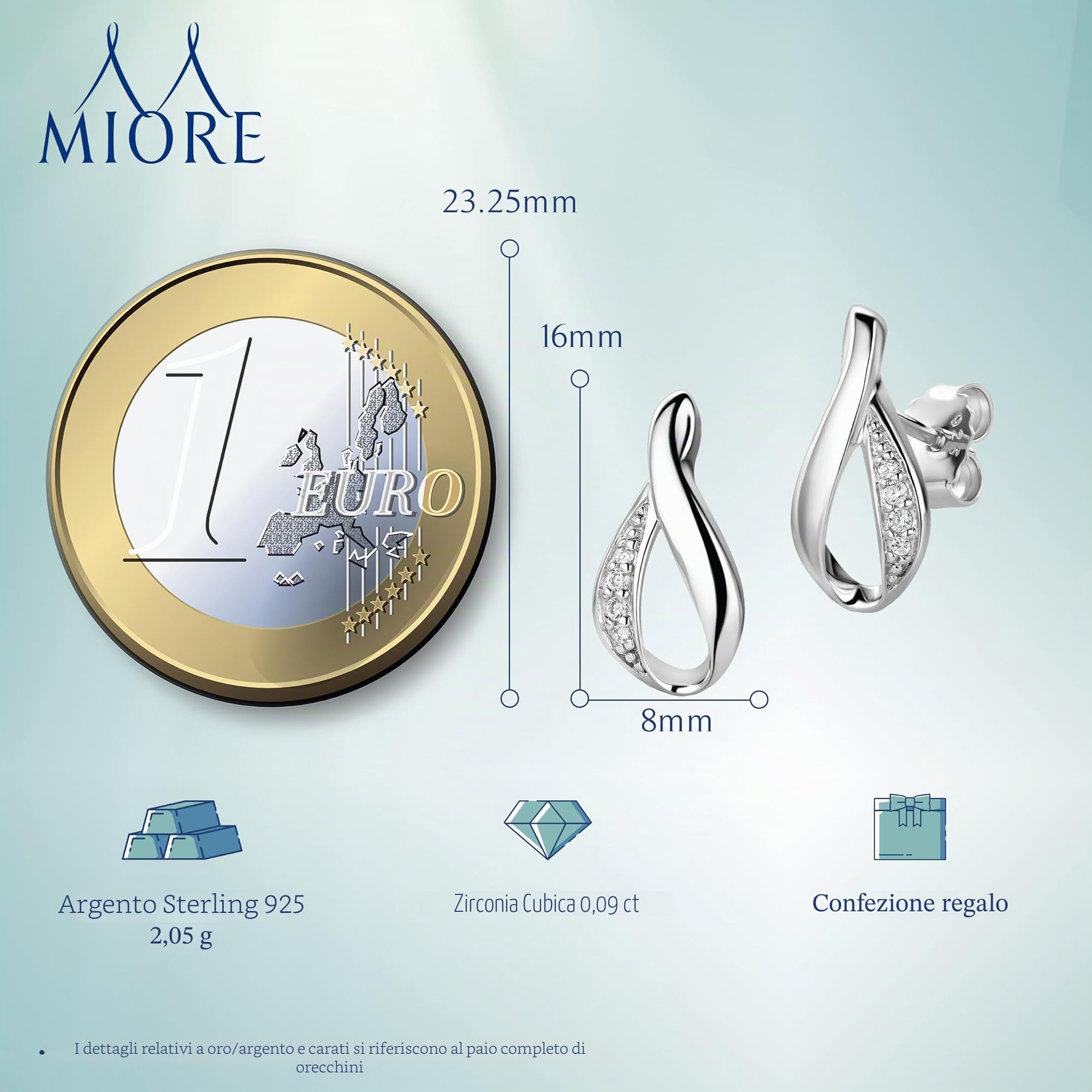 Miore Orecchini Donna con Zirconi in Argento Sterling 925, Orecchini a Lobo dal design moderno anallergici. Chiusura con perno passante e farfalla.