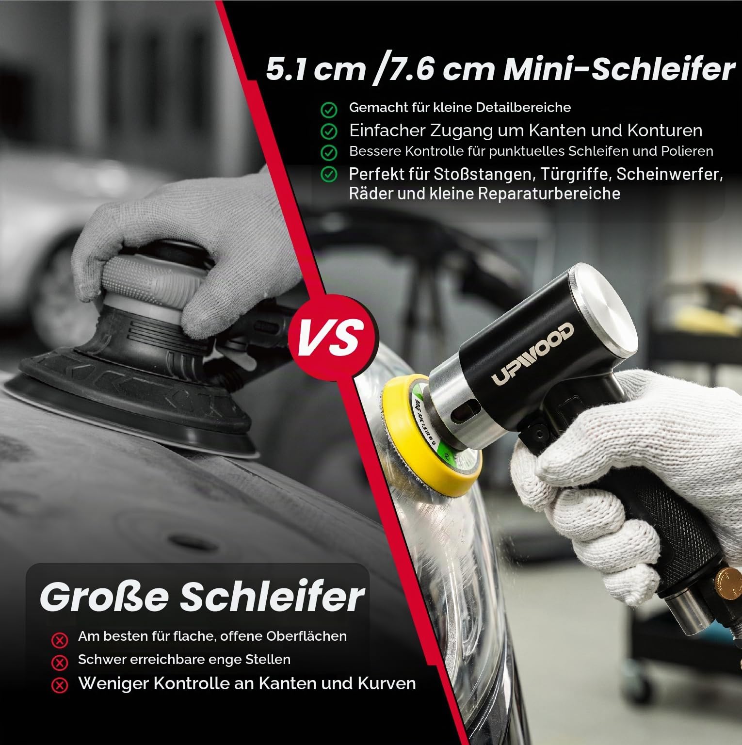 Mini Druckluft-Exzenterschleifer Set mit 2" (50 mm) und 3" (75 mm) Schleiftellern, Kompakter Pneumatischer Schleifer mit 24 Grünen Schleifscheiben, Ideal für Auto, Holz und Metall