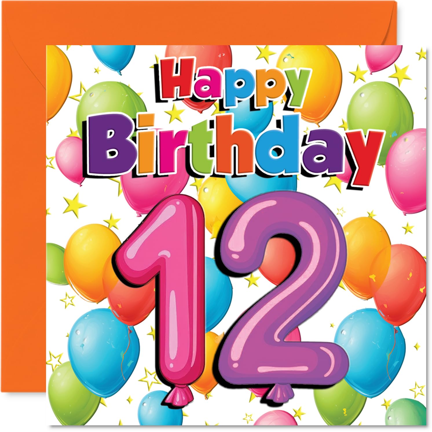 Playful 12th Birthday Card - Bursting with Birthday Cheer - Colourful Balloons and Stars Design - Guaranteed to Brighten Their Big Day - 145mm Square, Envelope Included