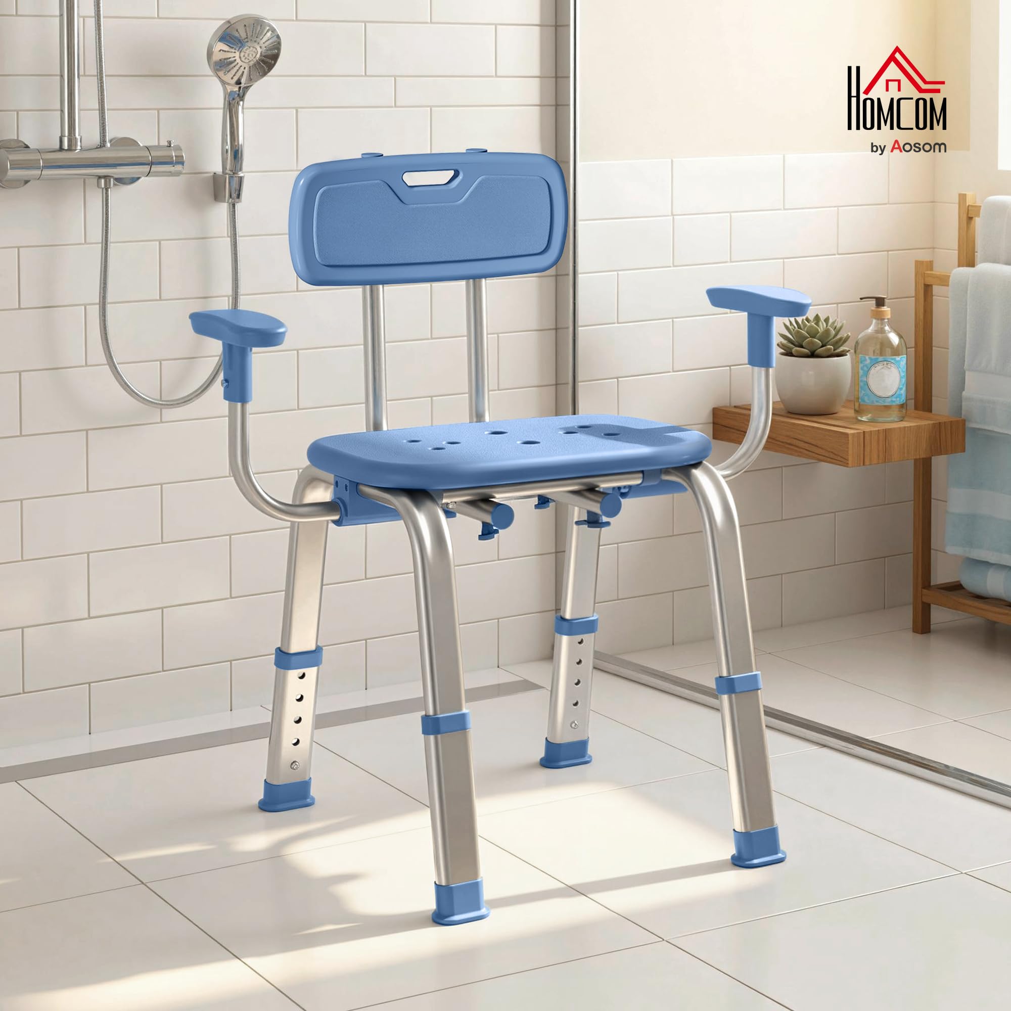 HOMCOM Silla Ducha Personas Mayores con Reposabrazos Ajustable 150 kg | Taburete de Baño Antideslizante con Respaldo, Altura Ajustable, Ancianos, Discapacitados, Minusválidos