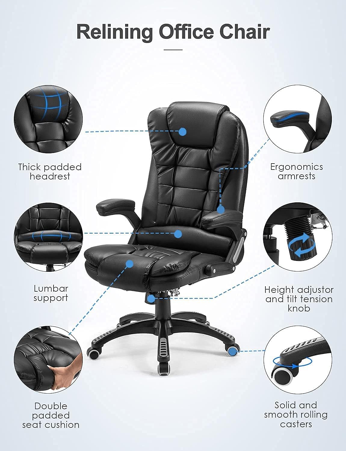 Massage Office Chair with Heated, High Back Executive 6 Vibrating Pointed with Lumbar Support, Adjustable Back Recline Swivel 360° Desk Chair, PU Leather, Light Black : Office Products